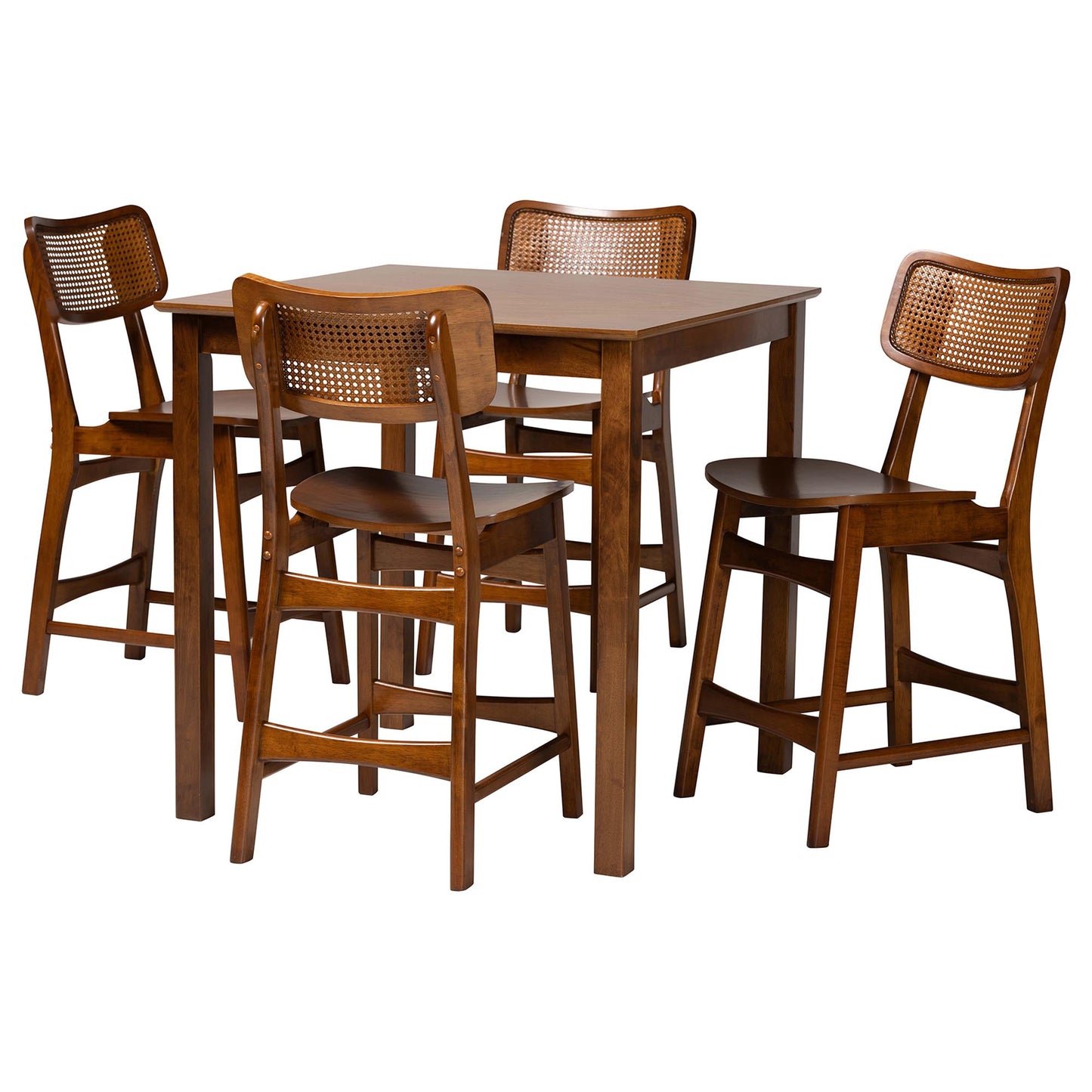 Baxton Studio Tafari Mid-Century Modern Walnut Brown Finished Wood and Rattan Pub Set | Bar Stools & Table | Modishstore - 4