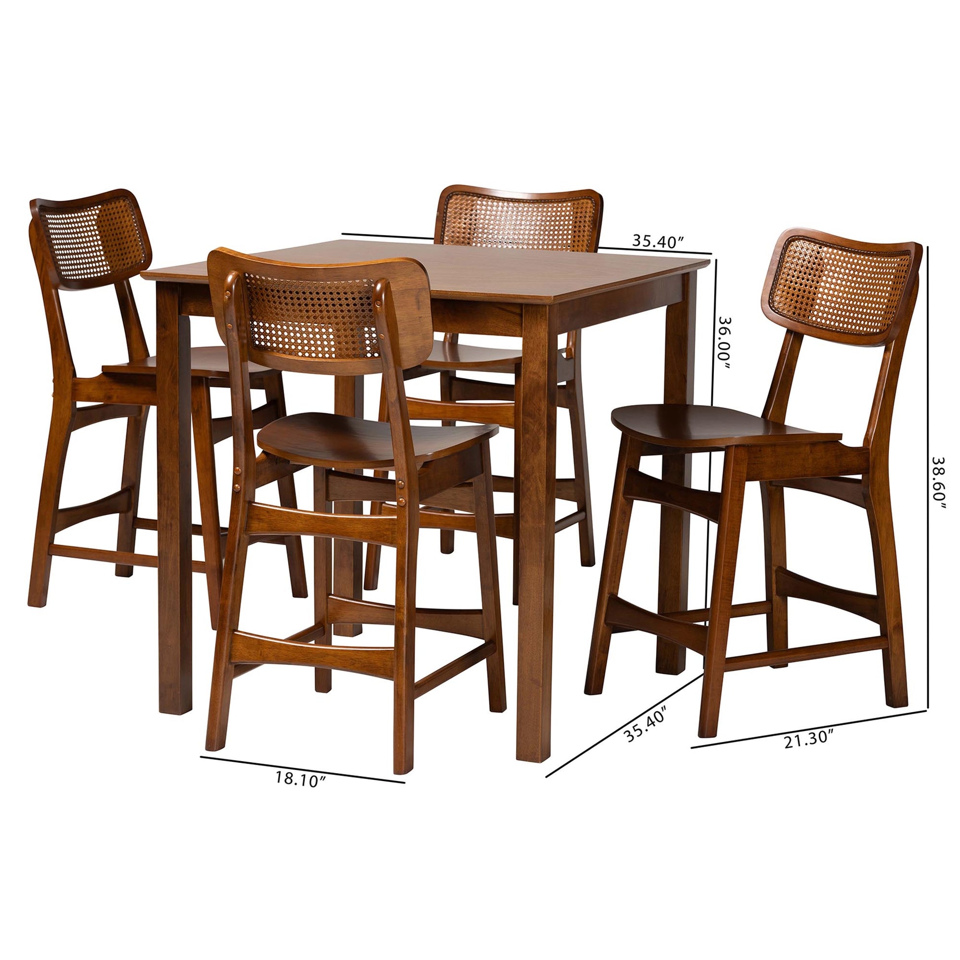 Baxton Studio Tafari Mid-Century Modern Walnut Brown Finished Wood and Rattan Pub Set | Bar Stools & Table | Modishstore - 3