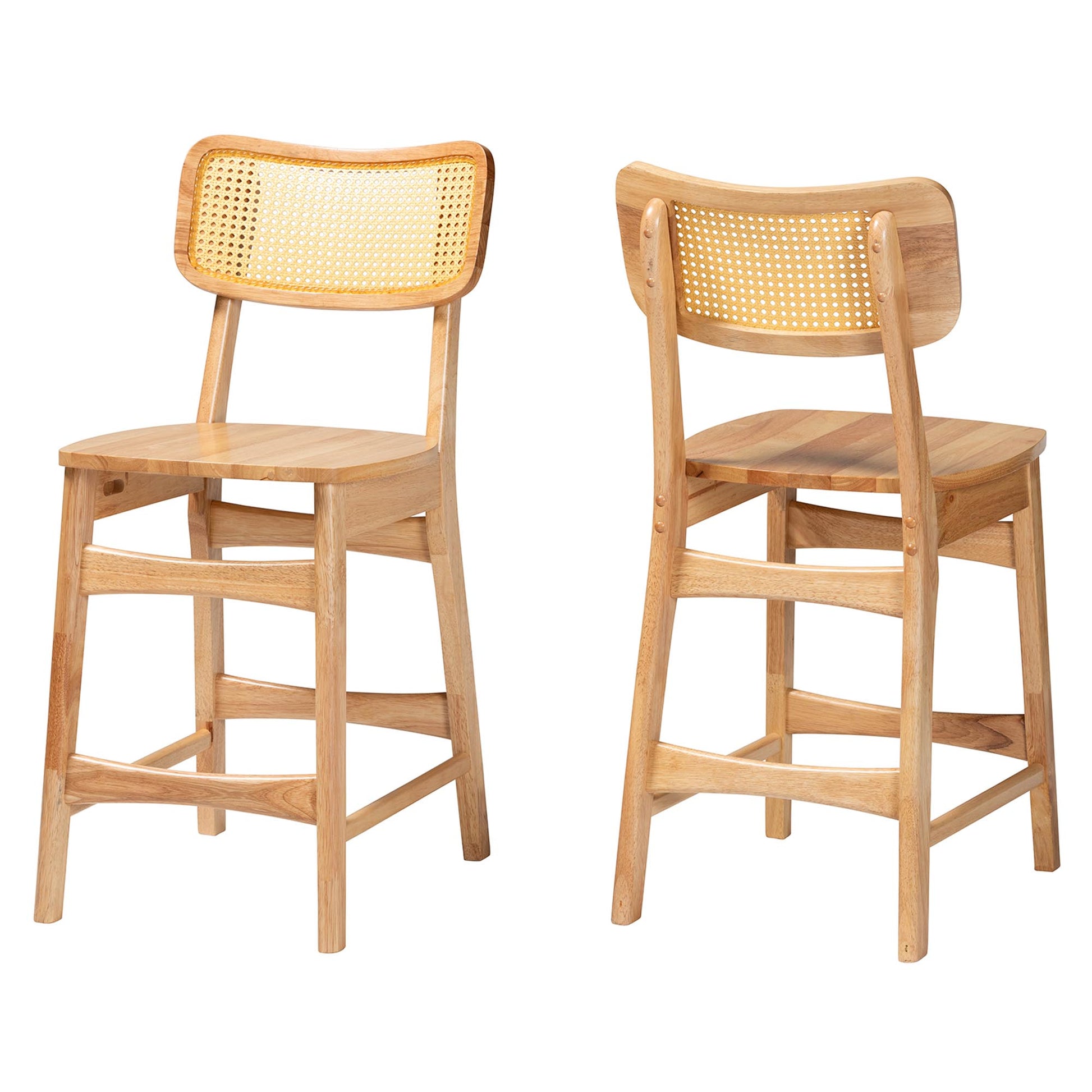 Baxton Studio Tadeo Mid-Century Modern Oak Brown Finished Wood and Rattan 2-Piece Counter Stool Set | Counter Stools | Modishstore - 2