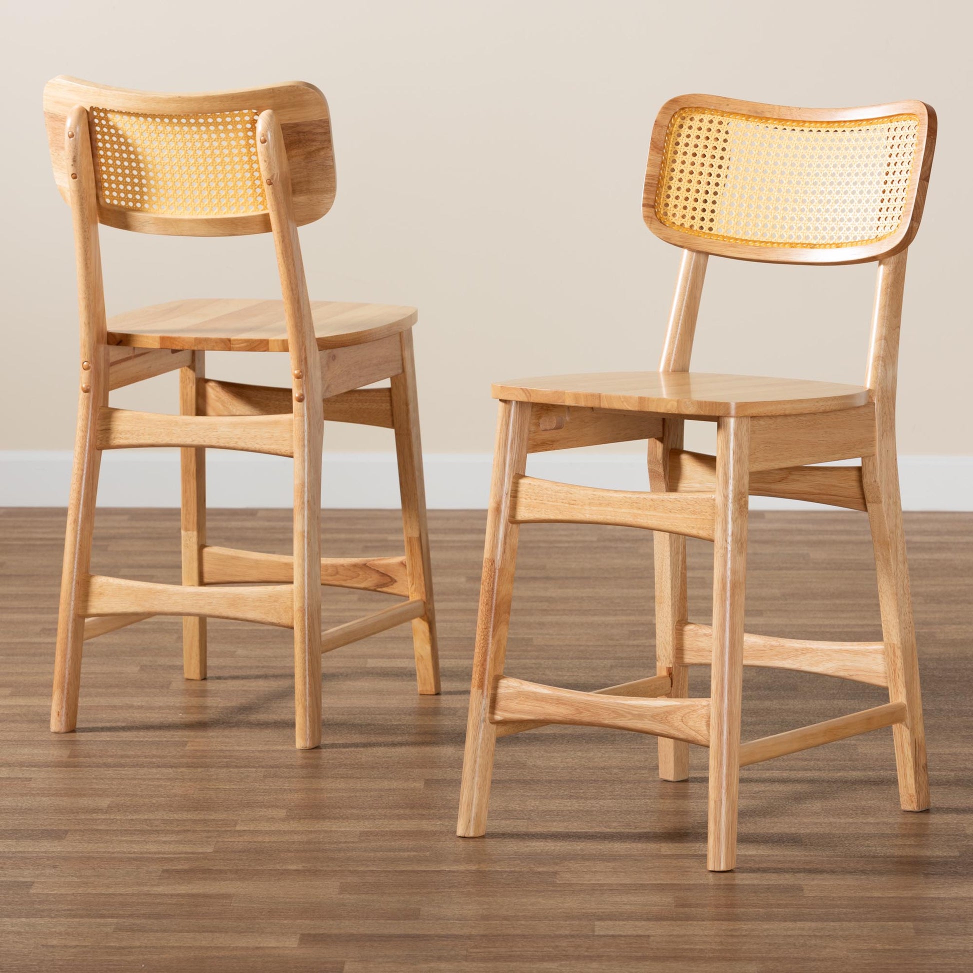 Baxton Studio Tadeo Mid-Century Modern Oak Brown Finished Wood and Rattan 2-Piece Counter Stool Set | Counter Stools | Modishstore - 9