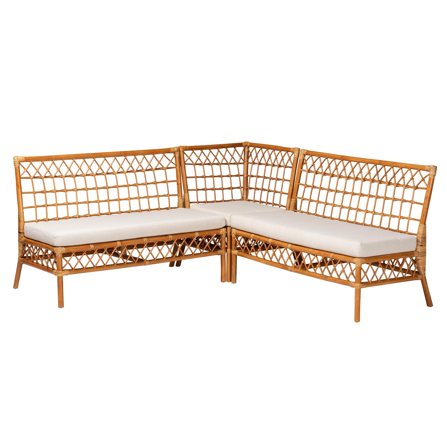 Baxton Studio bali & pari Capella Modern Bohemian Honey Rattan 3-Piece Dining Nook Banquette Set | Dining Sets | Modishstore - 2