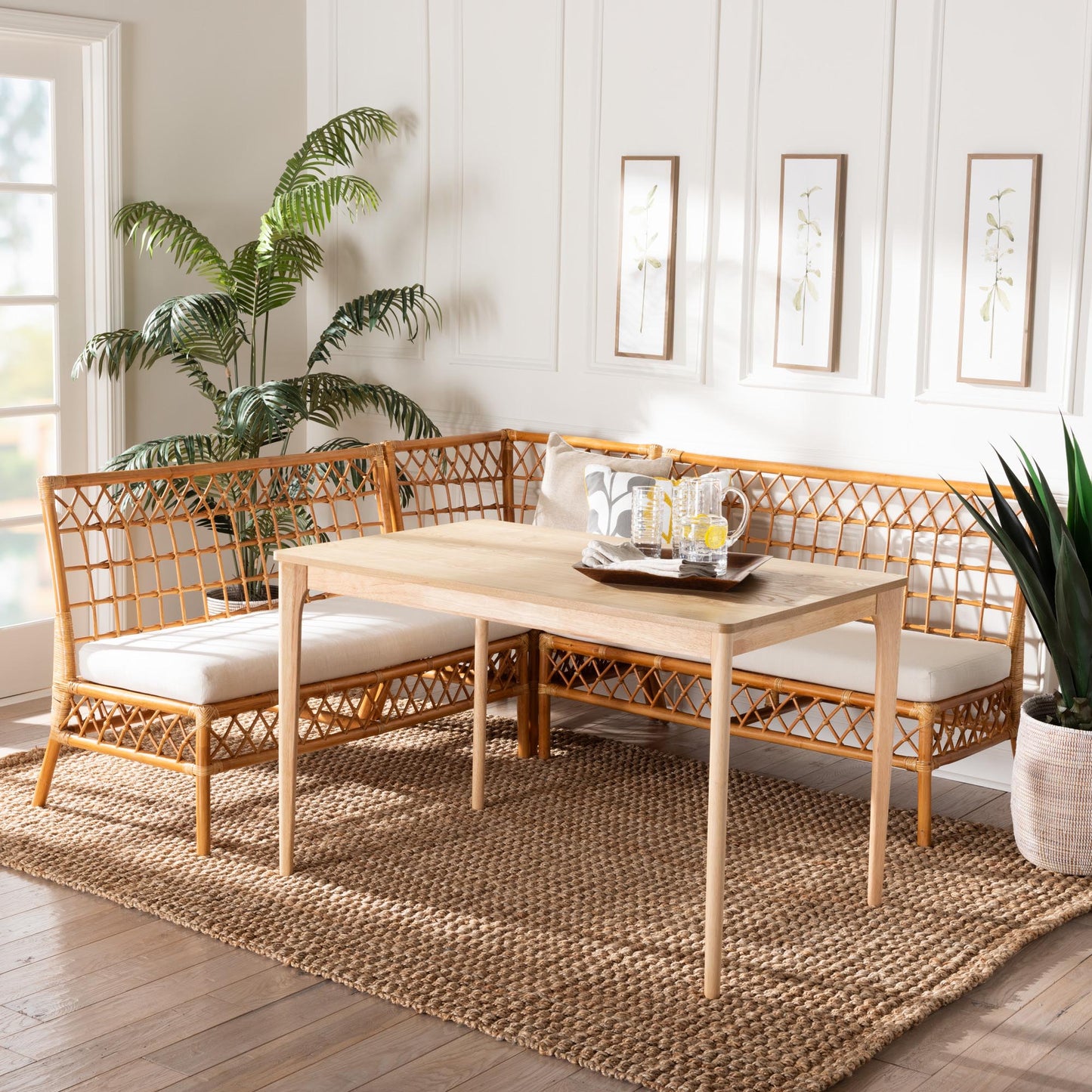 Baxton Studio bali & pari Adora Modern Bohemian Honey Rattan 4-Piece Dining Nook Set | Dining Sets | Modishstore