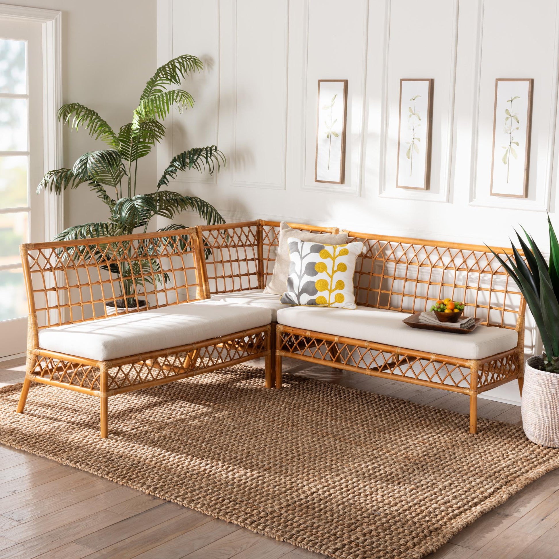 Baxton Studio bali & pari Capella Modern Bohemian Honey Rattan 3-Piece Dining Nook Banquette Set | Dining Sets | Modishstore