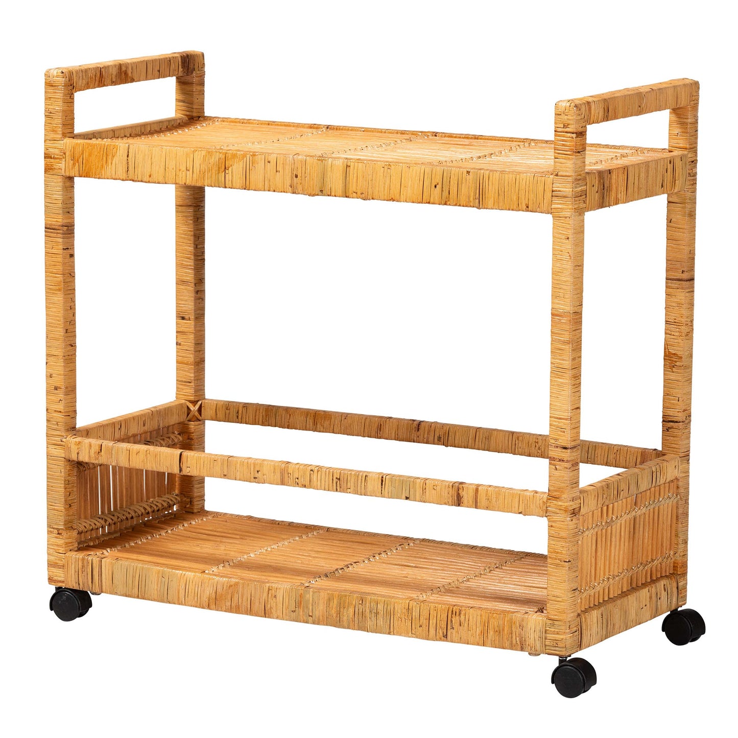 Baxton Studio bali & pari Genet Modern Bohemian Natural Brown Rattan and Teak Wood 2-Tier Kitchen Cart | Bar Carts | Modishstore - 3