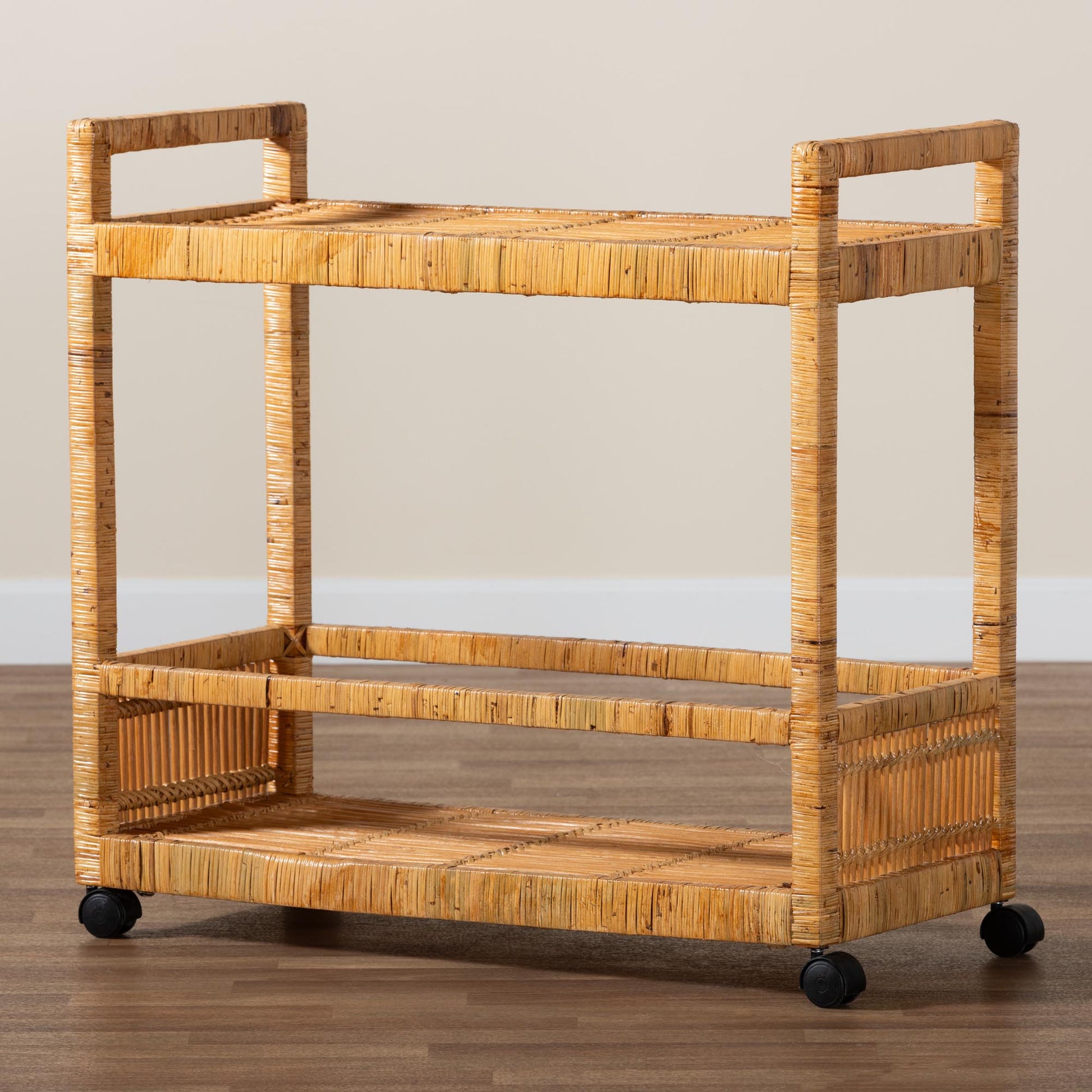 Baxton Studio bali & pari Genet Modern Bohemian Natural Brown Rattan and Teak Wood 2-Tier Kitchen Cart | Bar Carts | Modishstore - 8