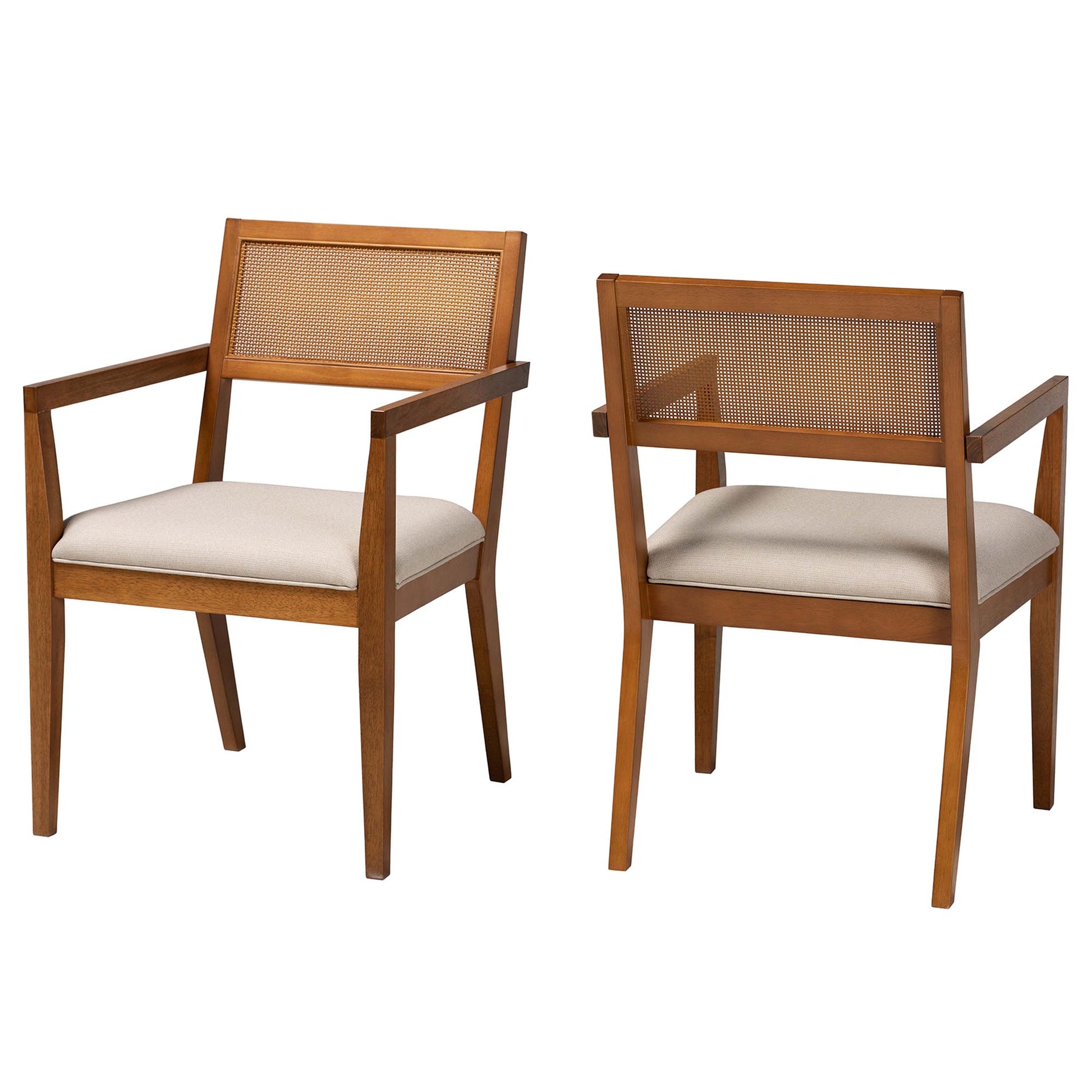 Baxton Studio Emilia Modern Japandi Beige Fabric and Walnut Brown Finished Wood 2-Piece Arm Chair Set with Woven Rattan | Accent Chairs | Modishstore - 2