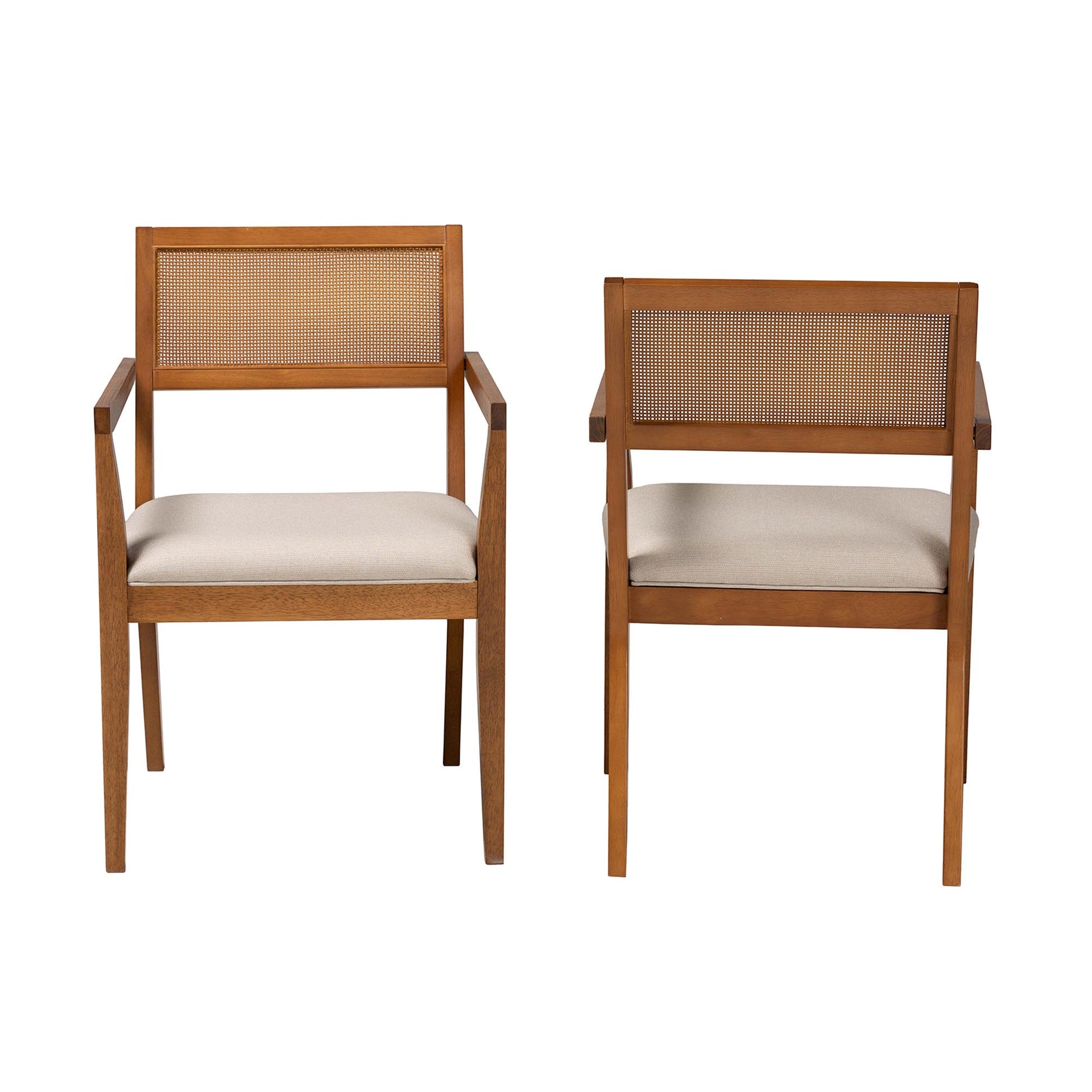 Baxton Studio Emilia Modern Japandi Beige Fabric and Walnut Brown Finished Wood 2-Piece Arm Chair Set with Woven Rattan | Accent Chairs | Modishstore - 3