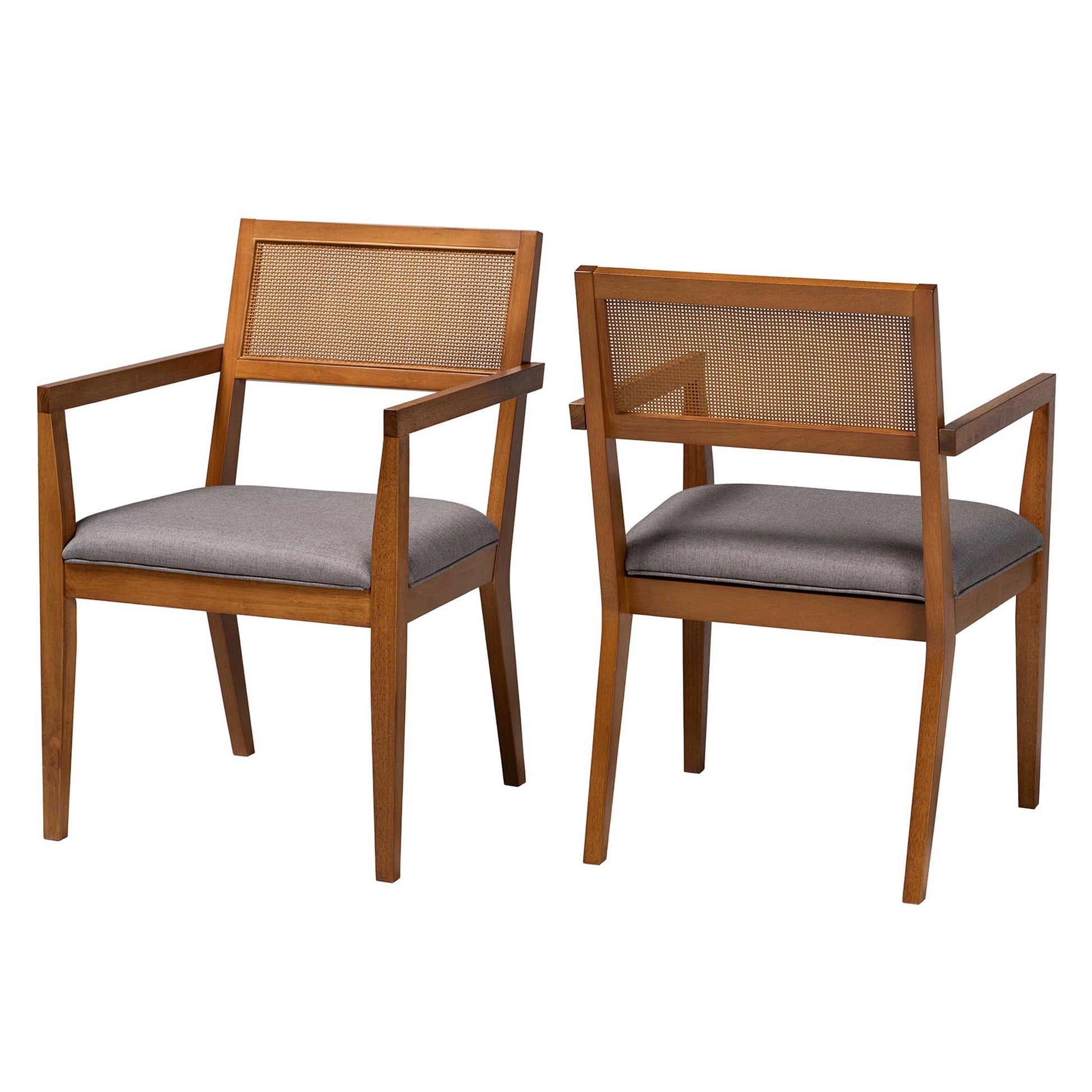 Baxton Studio Emilia Modern Japandi Grey Fabric and Walnut Brown Finished Wood 2-Piece Arm Chair Set with Woven Rattan | Accent Chairs | Modishstore - 2