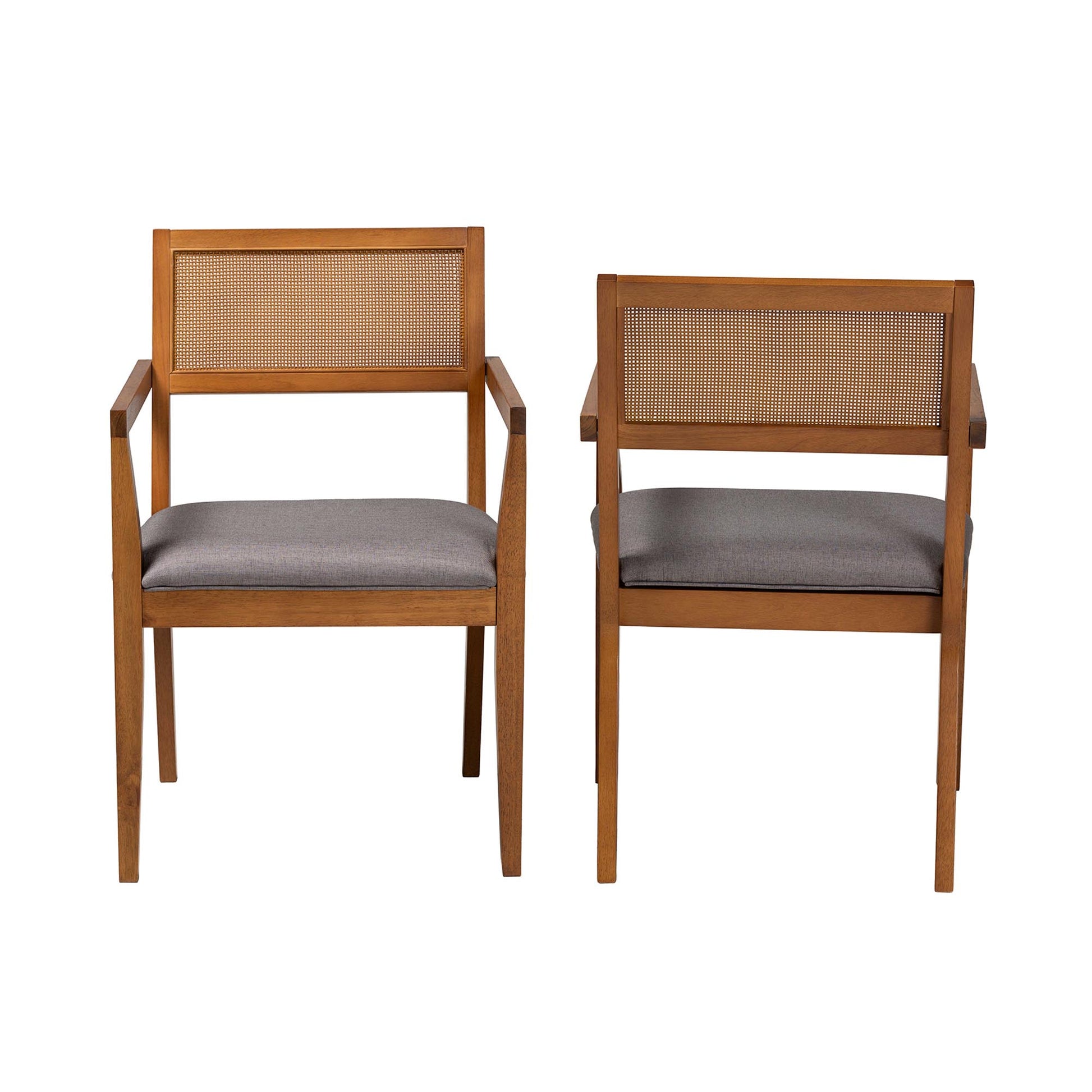 Baxton Studio Emilia Modern Japandi Grey Fabric and Walnut Brown Finished Wood 2-Piece Arm Chair Set with Woven Rattan | Accent Chairs | Modishstore - 3