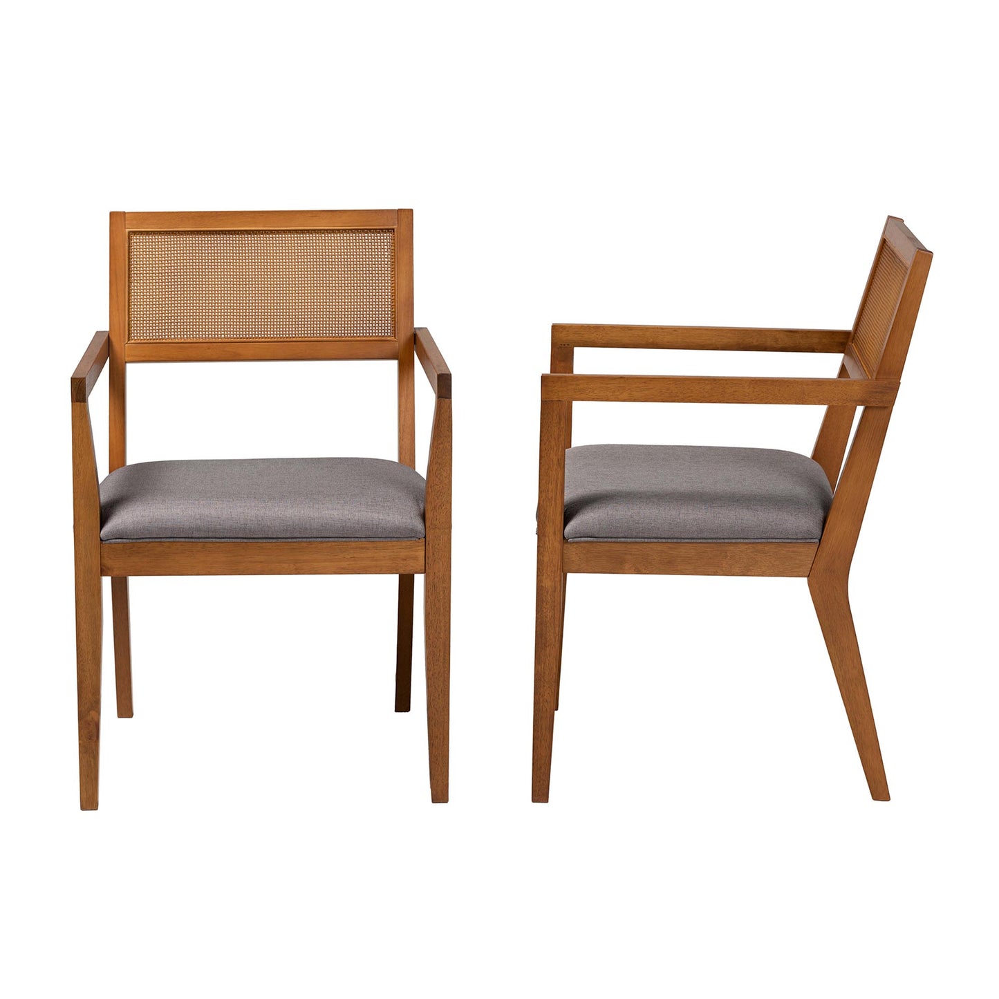 Baxton Studio Emilia Modern Japandi Grey Fabric and Walnut Brown Finished Wood 2-Piece Arm Chair Set with Woven Rattan | Accent Chairs | Modishstore - 4