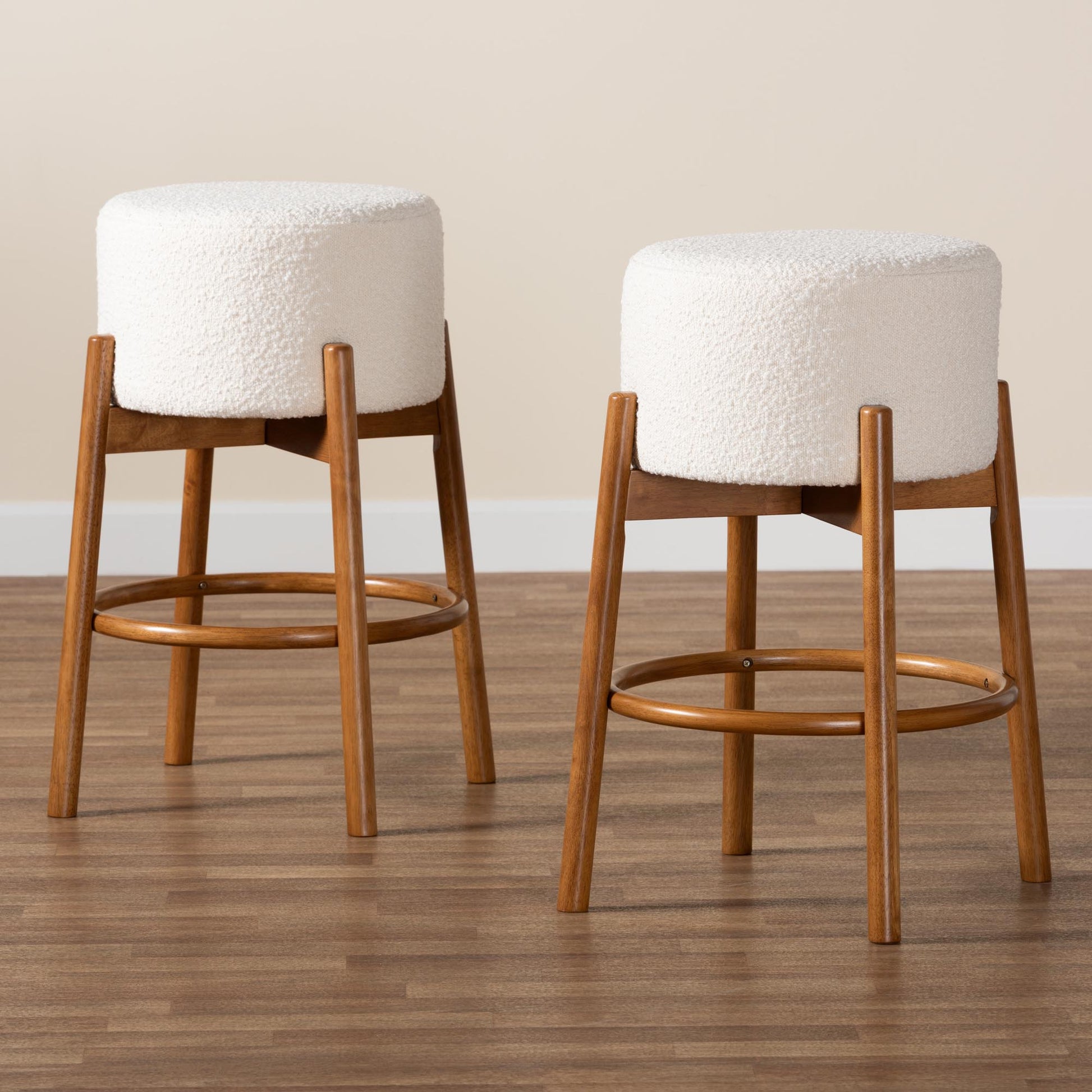 Baxton Studio Olwen Modern Japandi Cream Boucle Fabric and Walnut Brown Finished Wood 2-Piece Bar Stool Set | Bar Stools | Modishstore - 6