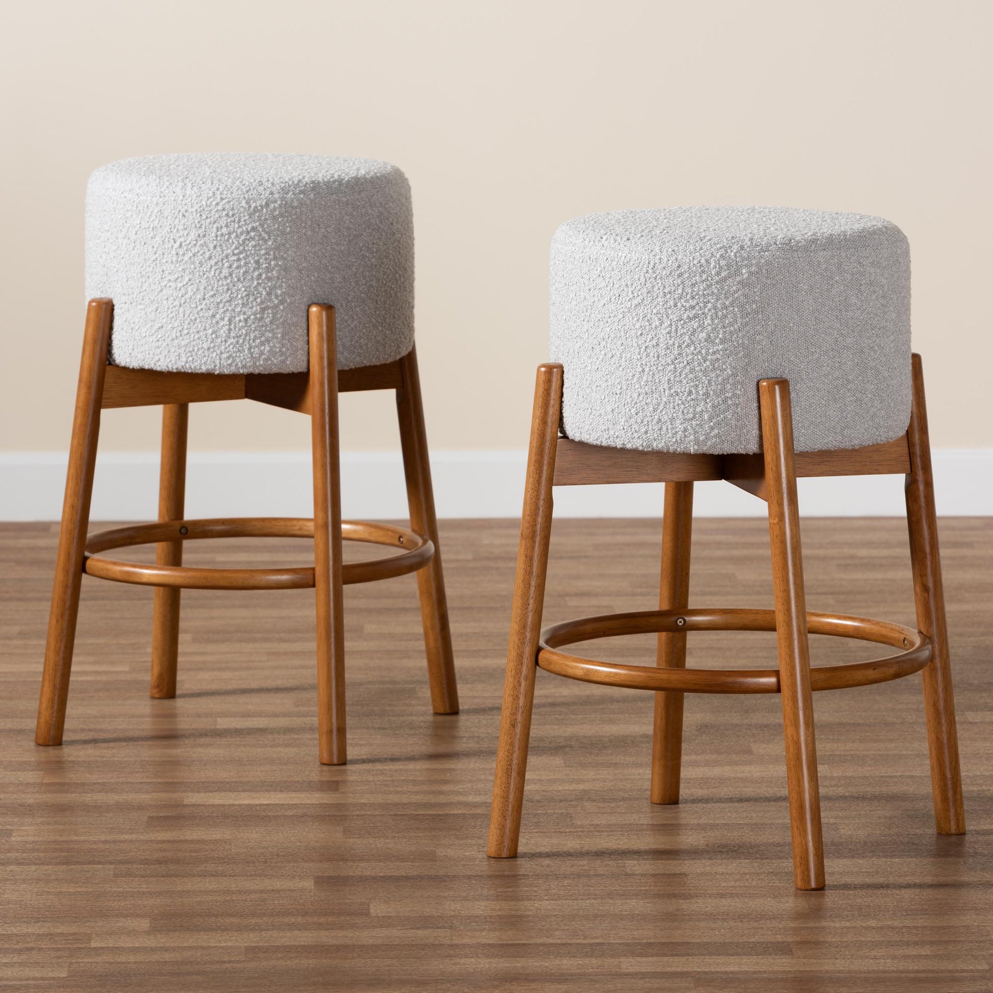 Baxton Studio Olwen Modern Japandi Light Grey Boucle Fabric and Walnut Brown Finished Wood 2-Piece Bar Stool Set | Bar Stools | Modishstore - 6