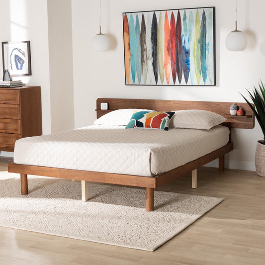 Baxton Studio Morana Mid-Century Modern Walnut Brown Finished Wood Queen Size Platform Bed with Built-in Shelf | Beds | Modishstore