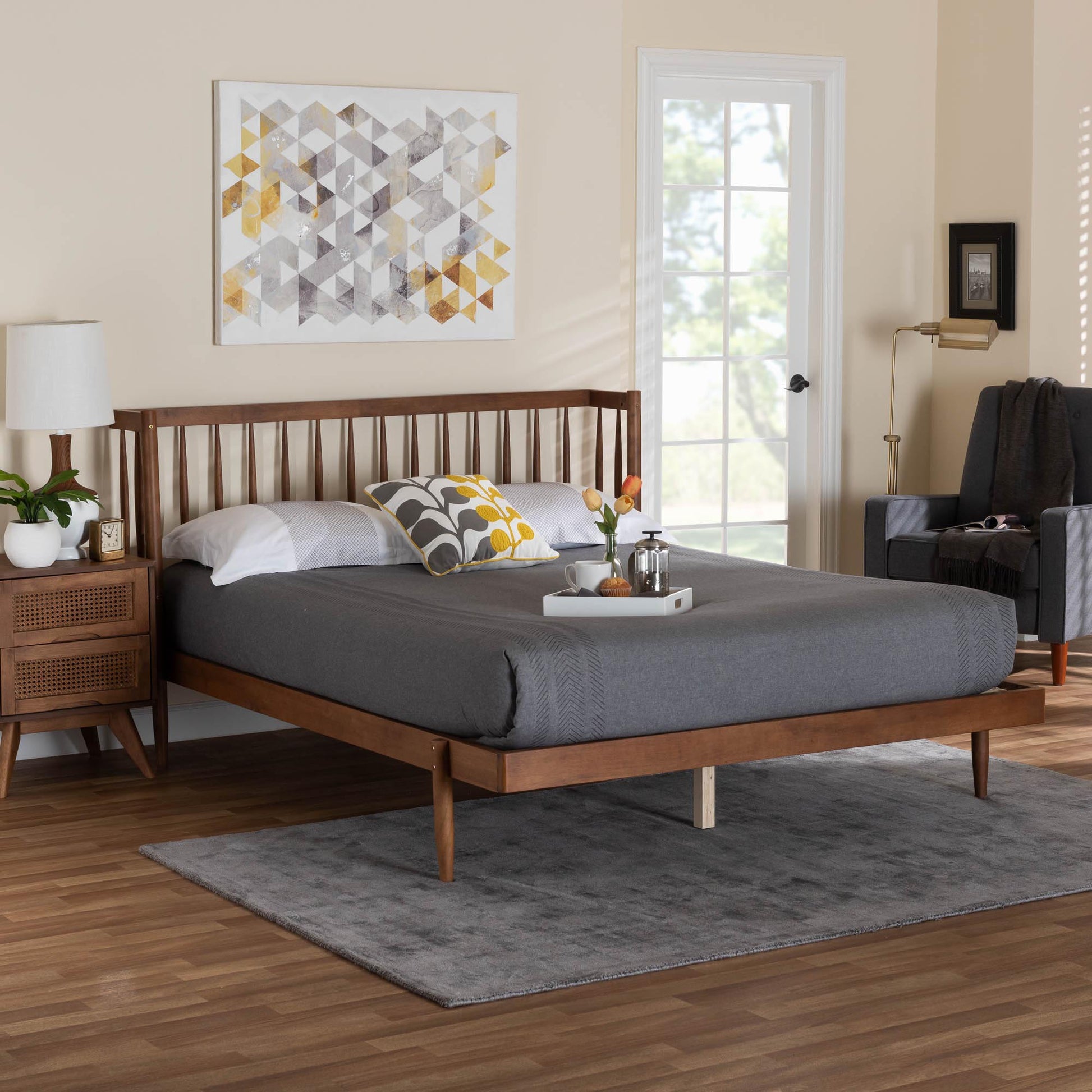 Baxton Studio Calderon Retro-Modern Walnut Brown Finished Wood Queen Size Platform Bed | Beds | Modishstore