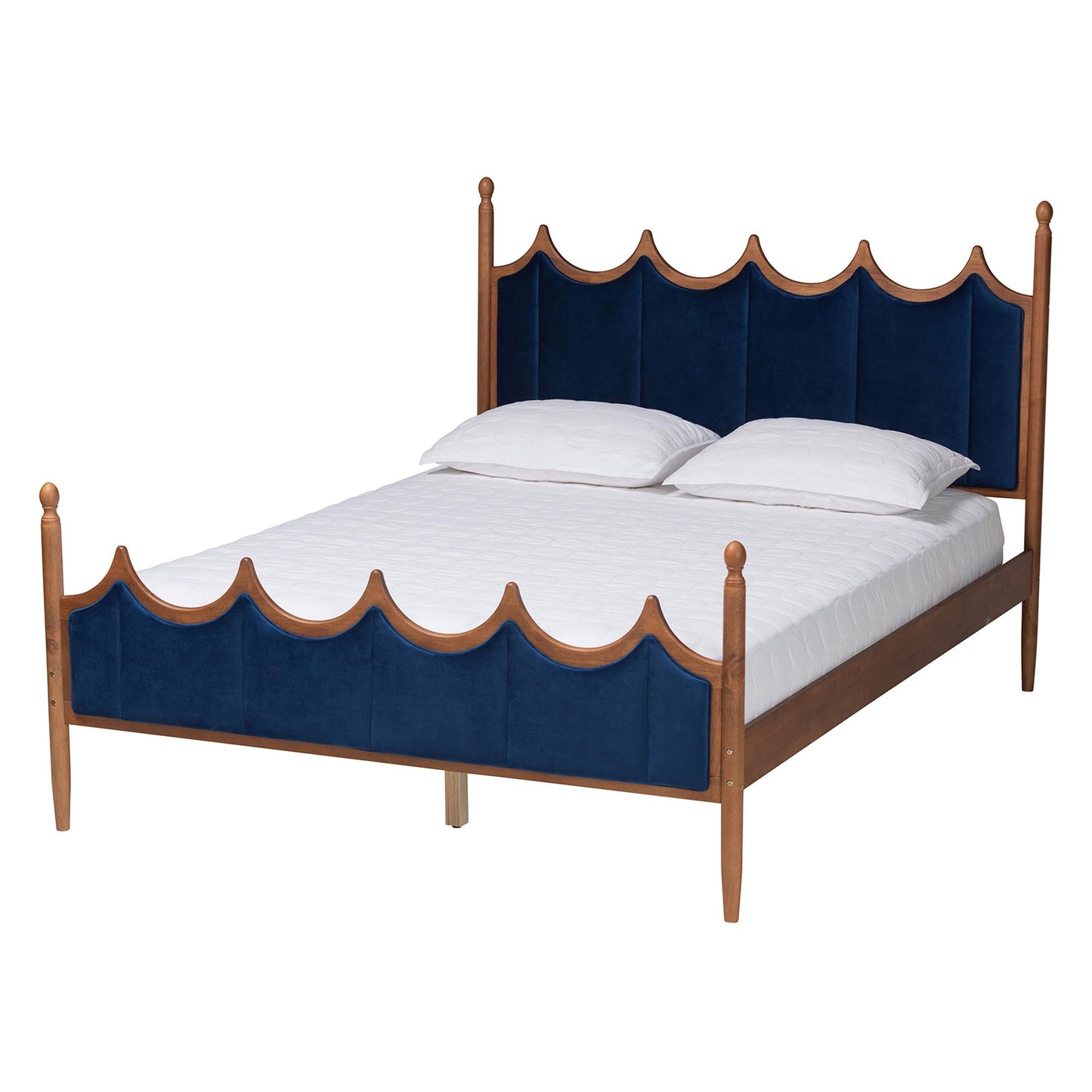 Baxton Studio Calgary Retro-Modern Royal Blue Velvet Fabric and Walnut Brown Wood Queen Size Platform Bed | Beds | Modishstore - 2