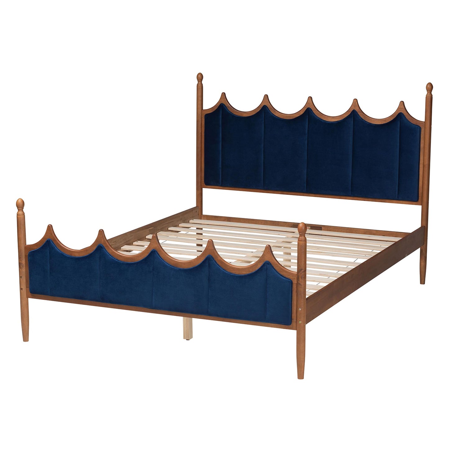 Baxton Studio Calgary Retro-Modern Royal Blue Velvet Fabric and Walnut Brown Wood Queen Size Platform Bed | Beds | Modishstore - 4