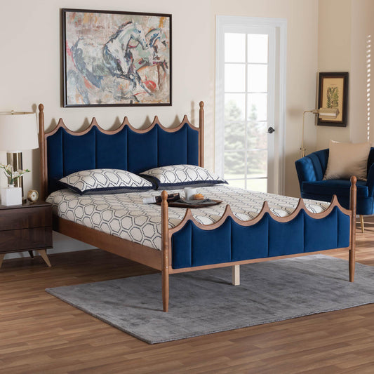 Baxton Studio Calgary Retro-Modern Royal Blue Velvet Fabric and Walnut Brown Wood Queen Size Platform Bed | Beds | Modishstore