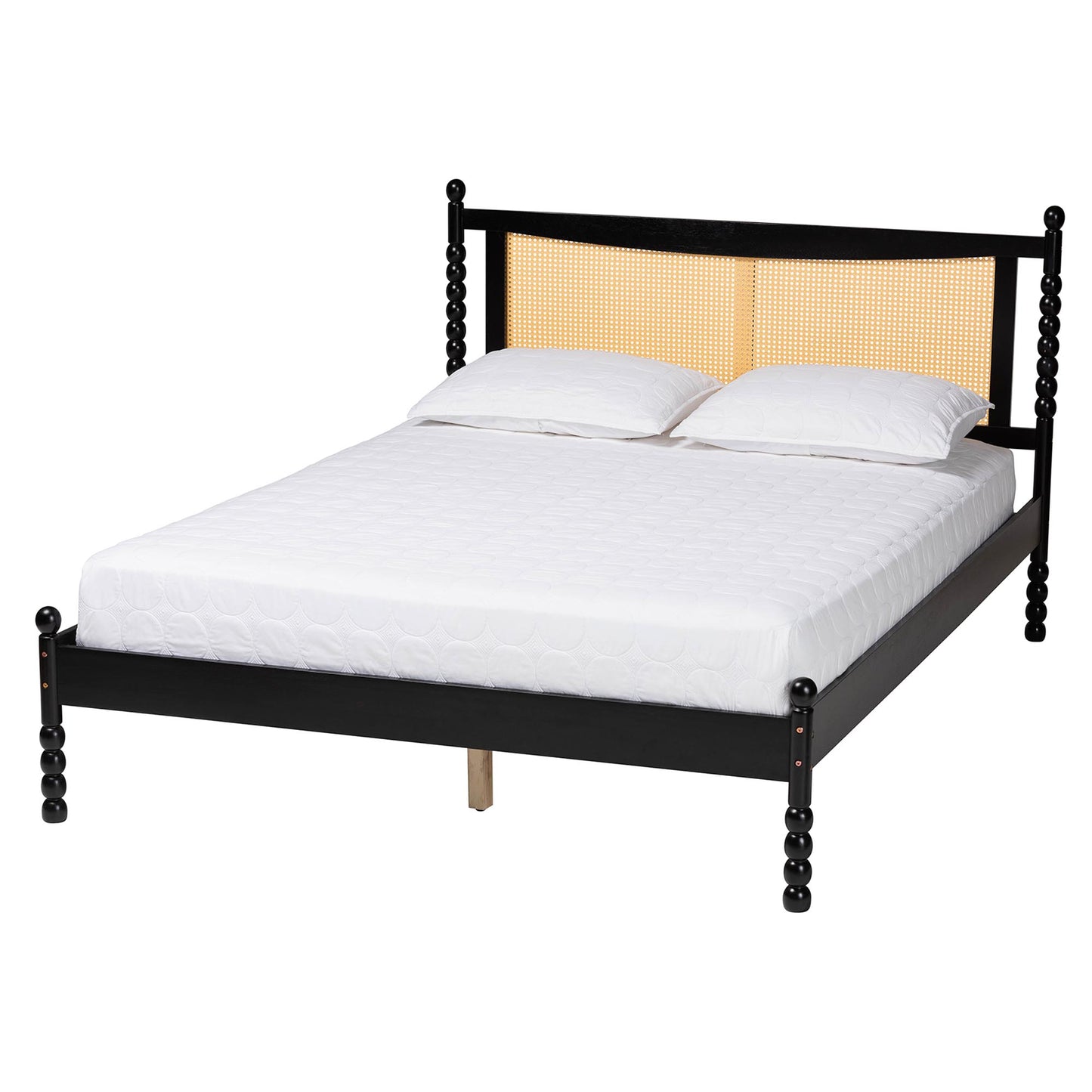 Baxton Studio Okena Mid-Century Modern Black Wood Queen Size Platform Bed with Woven Rattan | Beds | Modishstore - 2