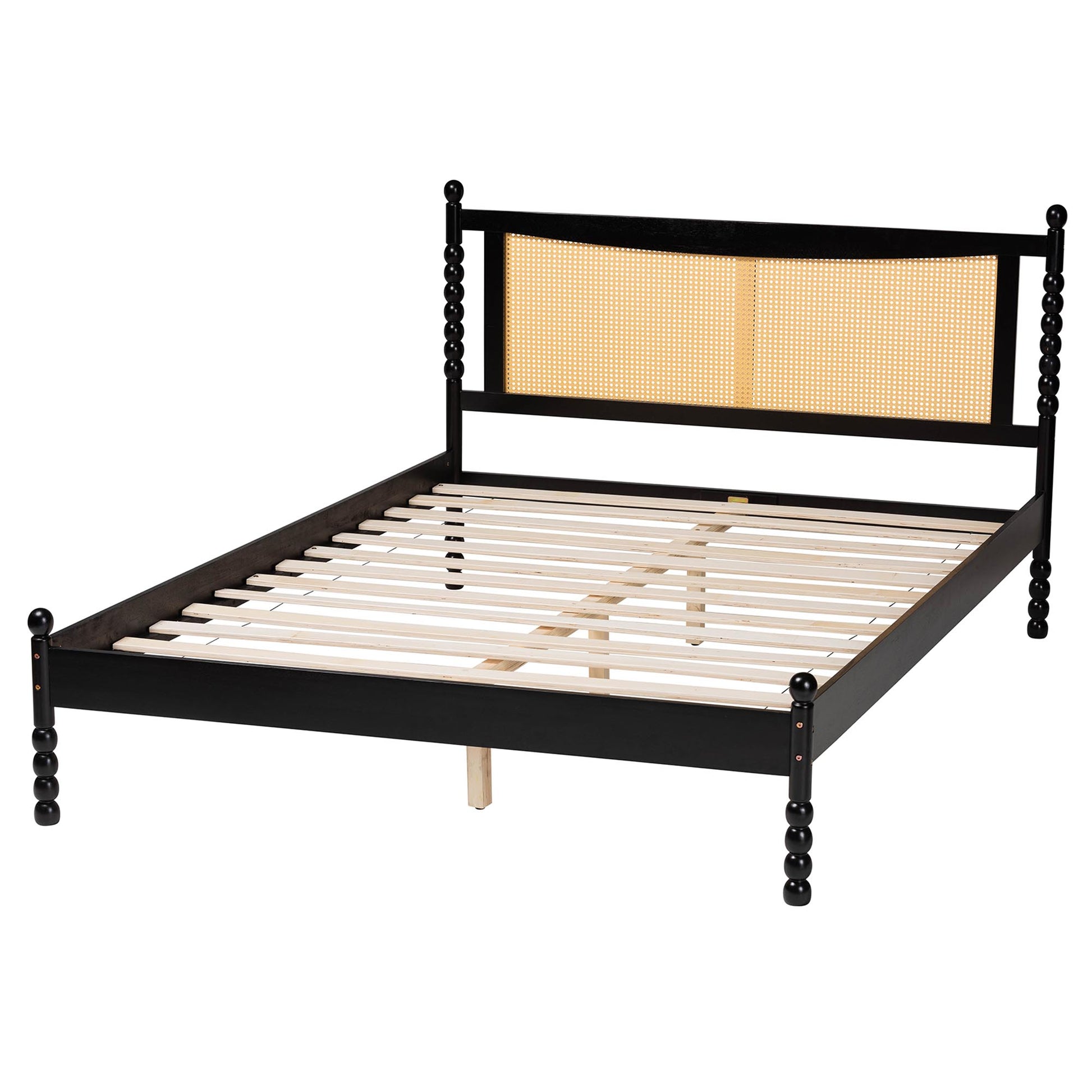 Baxton Studio Okena Mid-Century Modern Black Wood Queen Size Platform Bed with Woven Rattan | Beds | Modishstore - 4