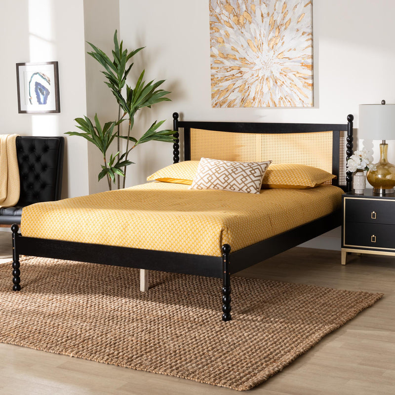 Baxton Studio Okena Mid-Century Modern Black Wood Queen Size Platform Bed with Woven Rattan | Beds | Modishstore