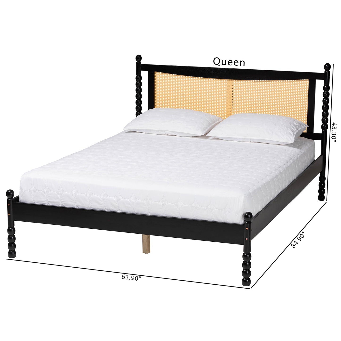 Baxton Studio Okena Mid-Century Modern Black Wood Queen Size Platform Bed with Woven Rattan | Beds | Modishstore - 8