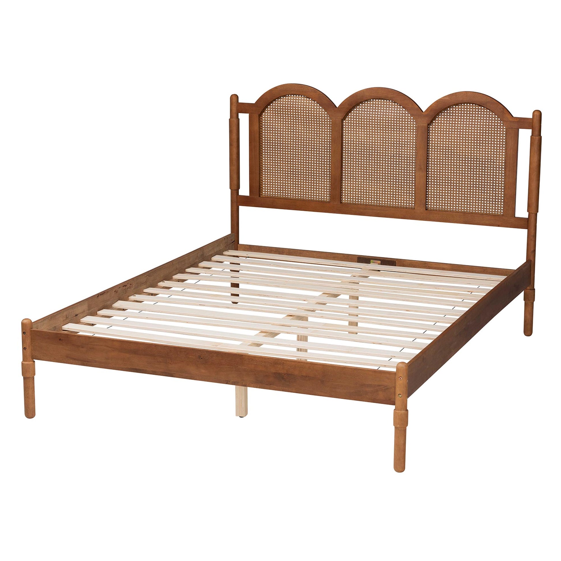 Baxton Studio Thatcher Mid-Century Modern Walnut Brown Finished Wood Queen Size Platform Bed with Woven Rattan | Beds | Modishstore - 6