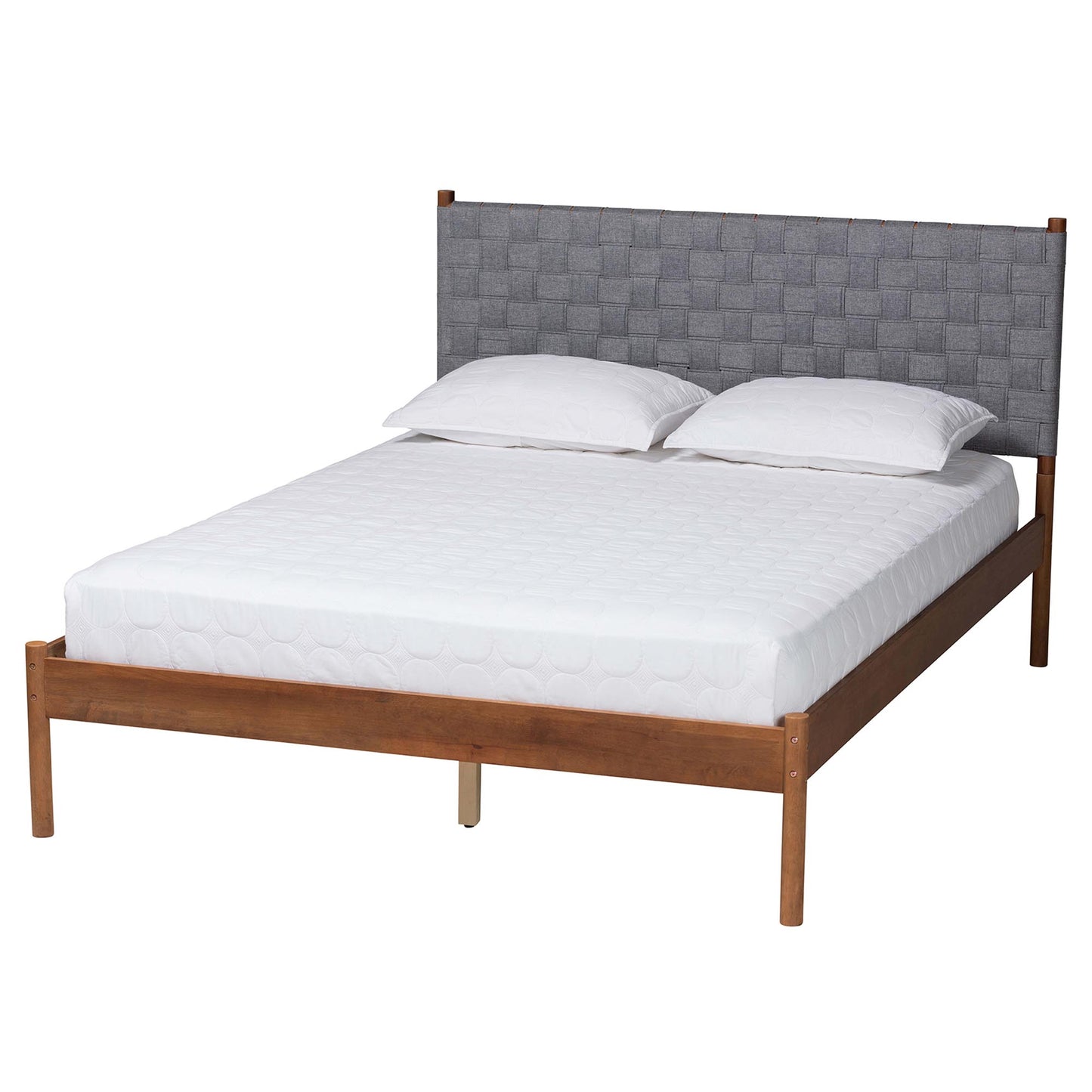 Baxton Studio Estela Mid-Century Modern Grey Woven Fabric and Walnut Brown Wood Queen Size Platform Bed | Beds | Modishstore - 2