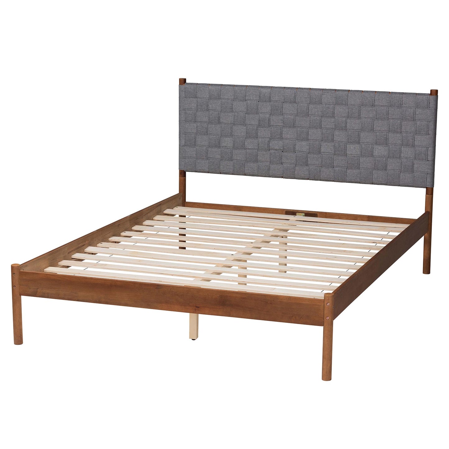 Baxton Studio Estela Mid-Century Modern Grey Woven Fabric and Walnut Brown Wood Queen Size Platform Bed | Beds | Modishstore - 4