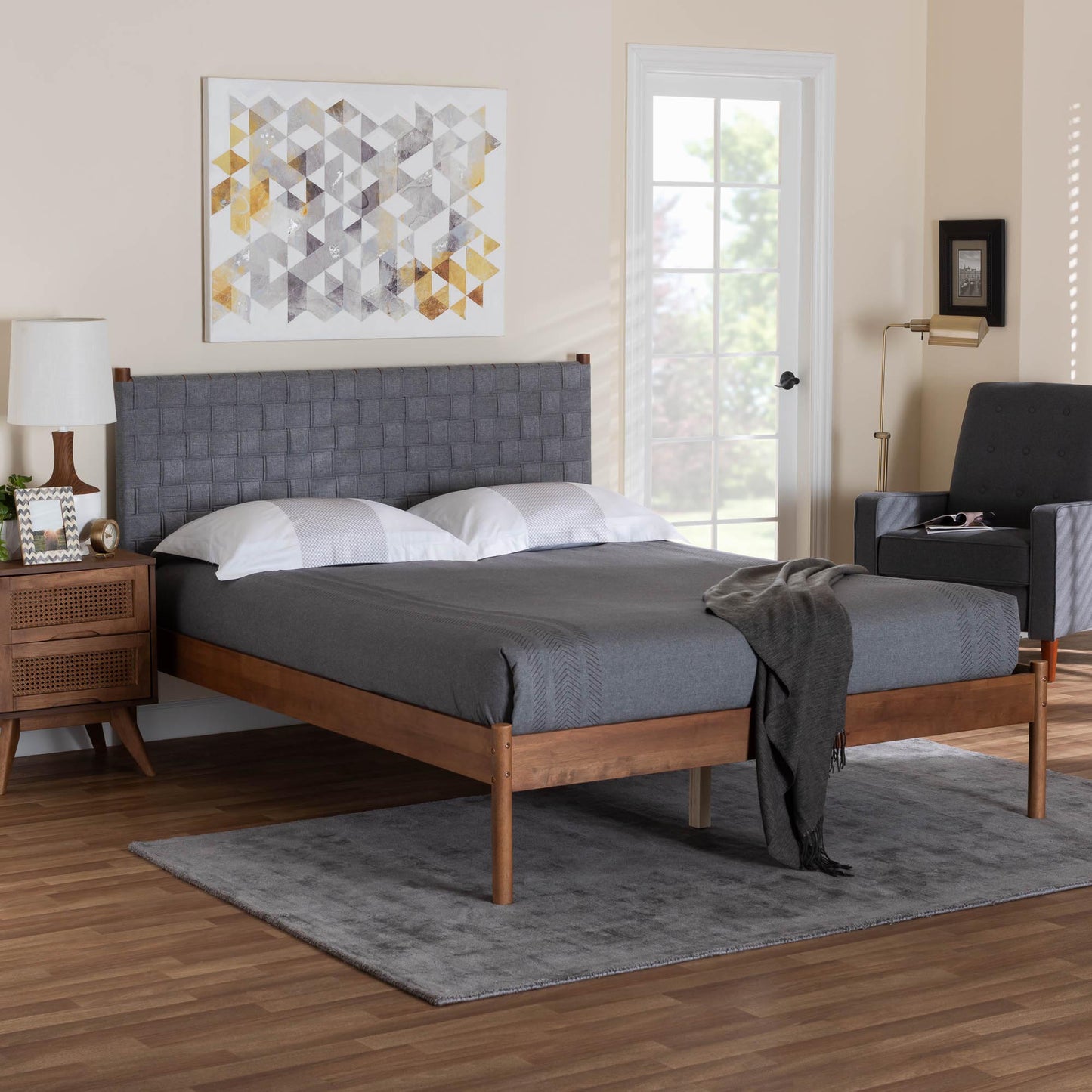 Baxton Studio Estela Mid-Century Modern Grey Woven Fabric and Walnut Brown Wood Queen Size Platform Bed | Beds | Modishstore