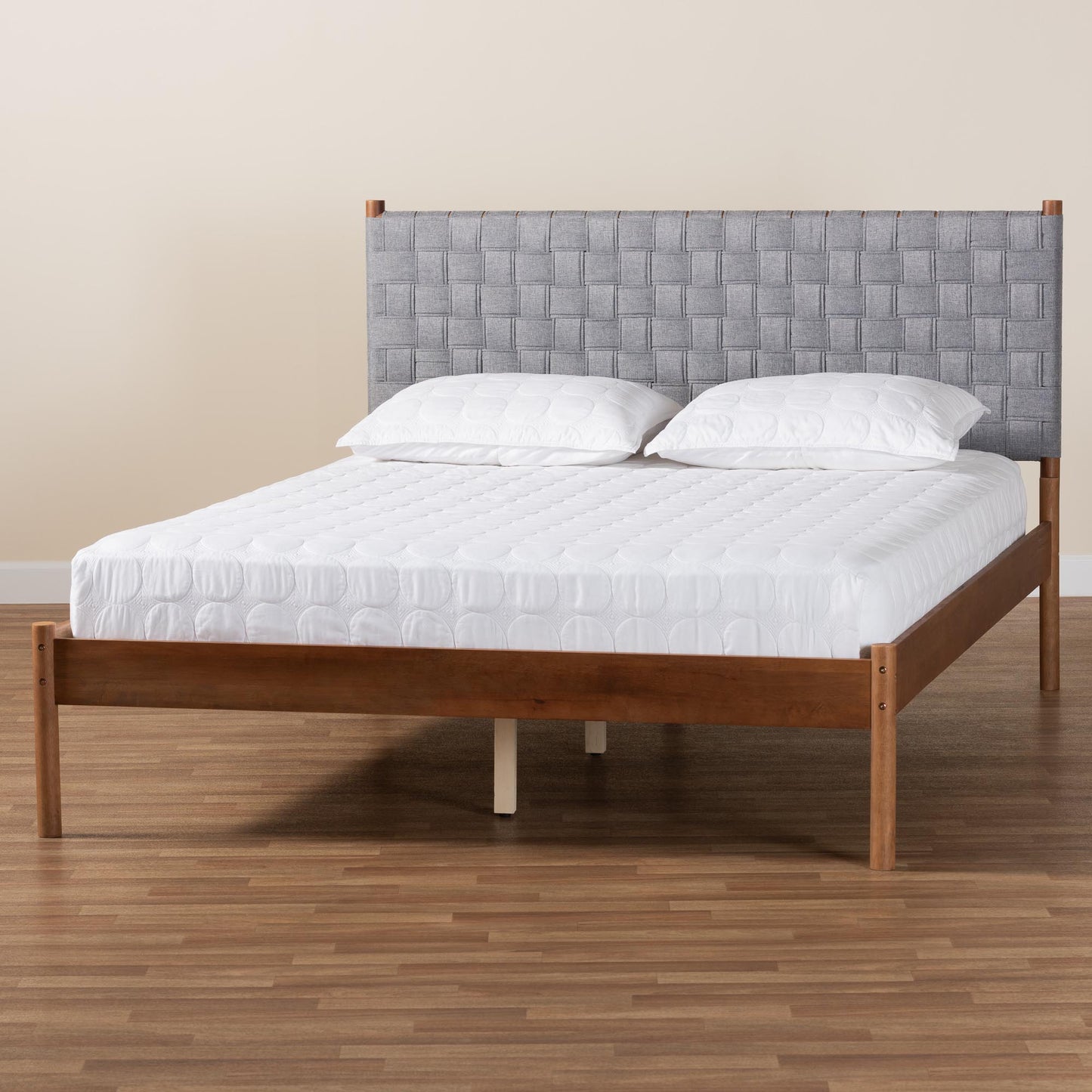 Baxton Studio Estela Mid-Century Modern Grey Woven Fabric and Walnut Brown Wood Queen Size Platform Bed | Beds | Modishstore - 9