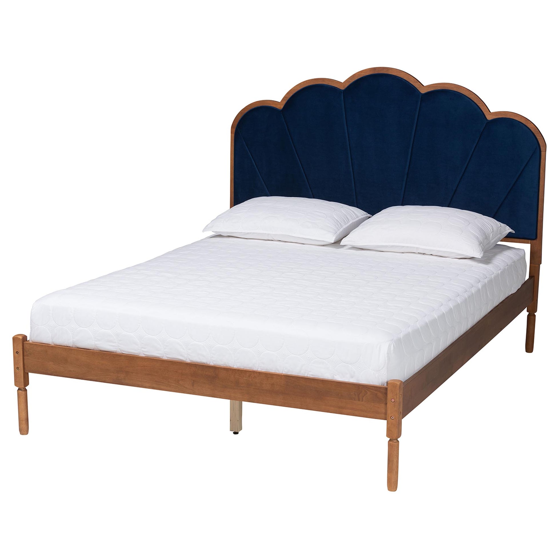 Baxton Studio Hadria Mid-Century Modern Navy Blue Velvet and Walnut Brown Finished Wood Queen Size Platform Bed | Beds | Modishstore - 2