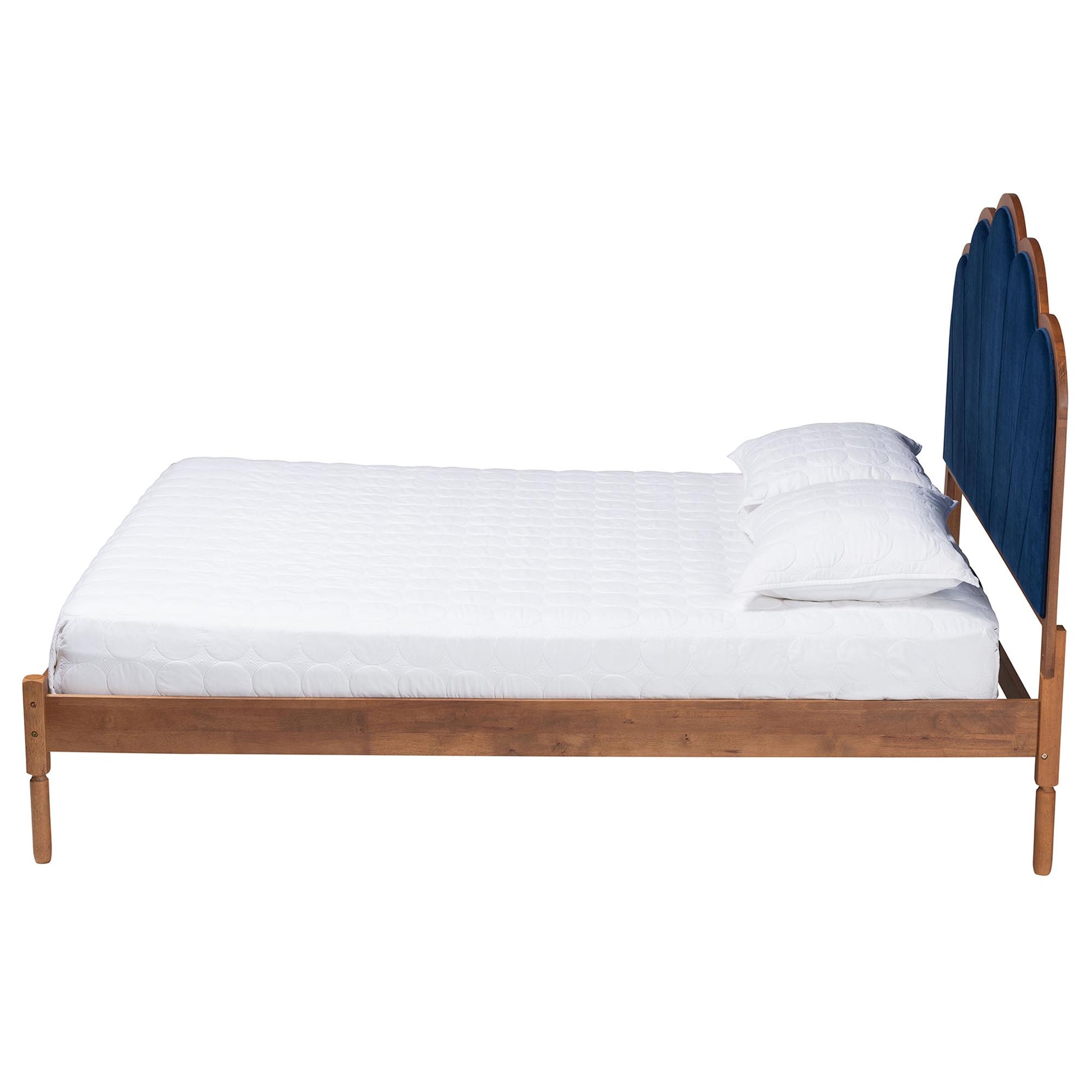 Baxton Studio Hadria Mid-Century Modern Navy Blue Velvet and Walnut Brown Finished Wood Queen Size Platform Bed | Beds | Modishstore - 3