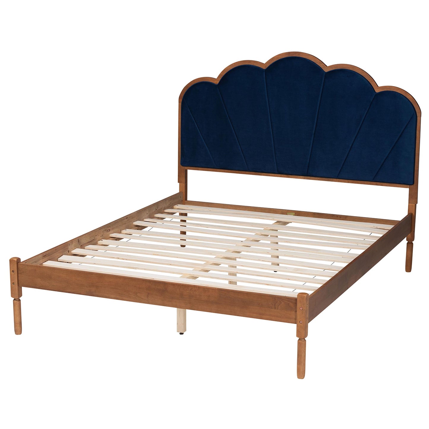 Baxton Studio Hadria Mid-Century Modern Navy Blue Velvet and Walnut Brown Finished Wood Queen Size Platform Bed | Beds | Modishstore - 4