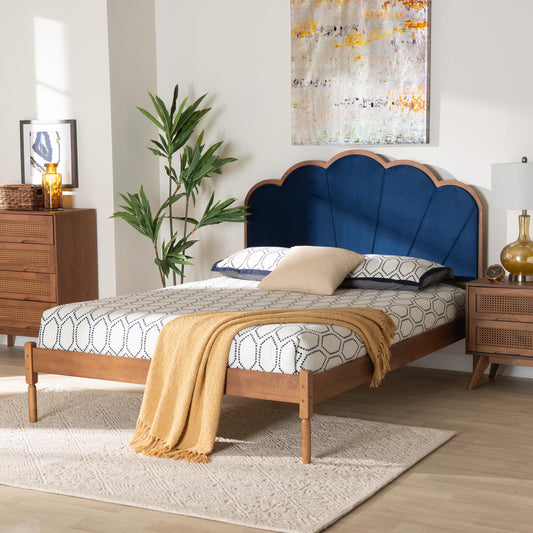 Baxton Studio Hadria Mid-Century Modern Navy Blue Velvet and Walnut Brown Finished Wood Queen Size Platform Bed | Beds | Modishstore