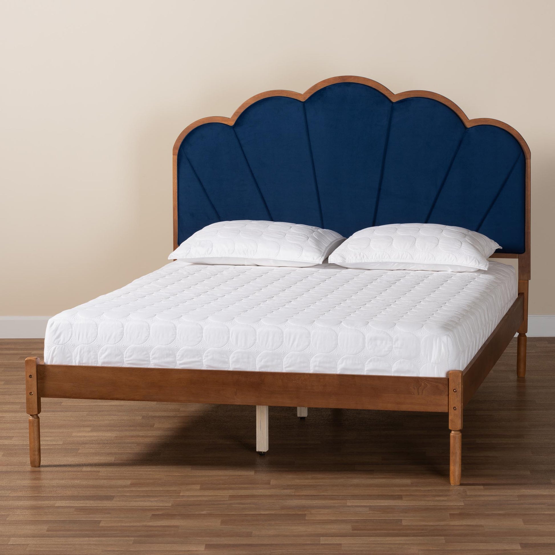 Baxton Studio Hadria Mid-Century Modern Navy Blue Velvet and Walnut Brown Finished Wood Queen Size Platform Bed | Beds | Modishstore - 9