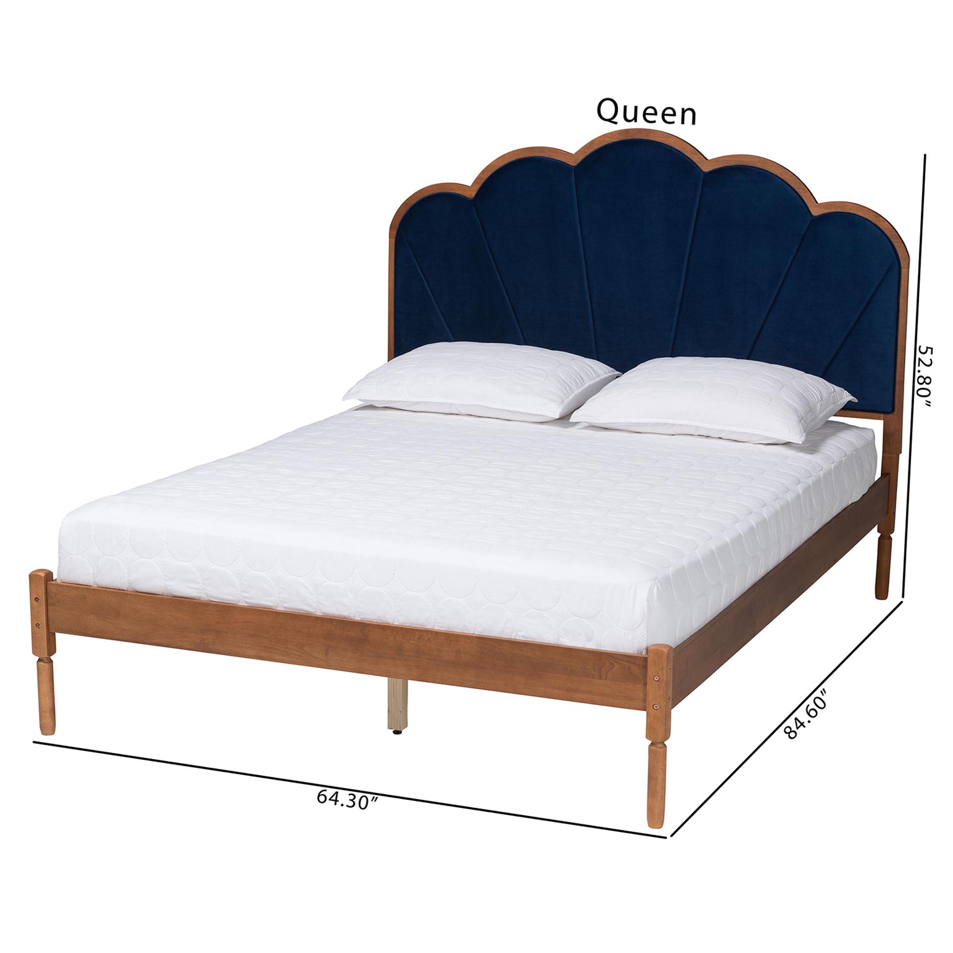 Baxton Studio Hadria Mid-Century Modern Navy Blue Velvet and Walnut Brown Finished Wood Queen Size Platform Bed | Beds | Modishstore - 8