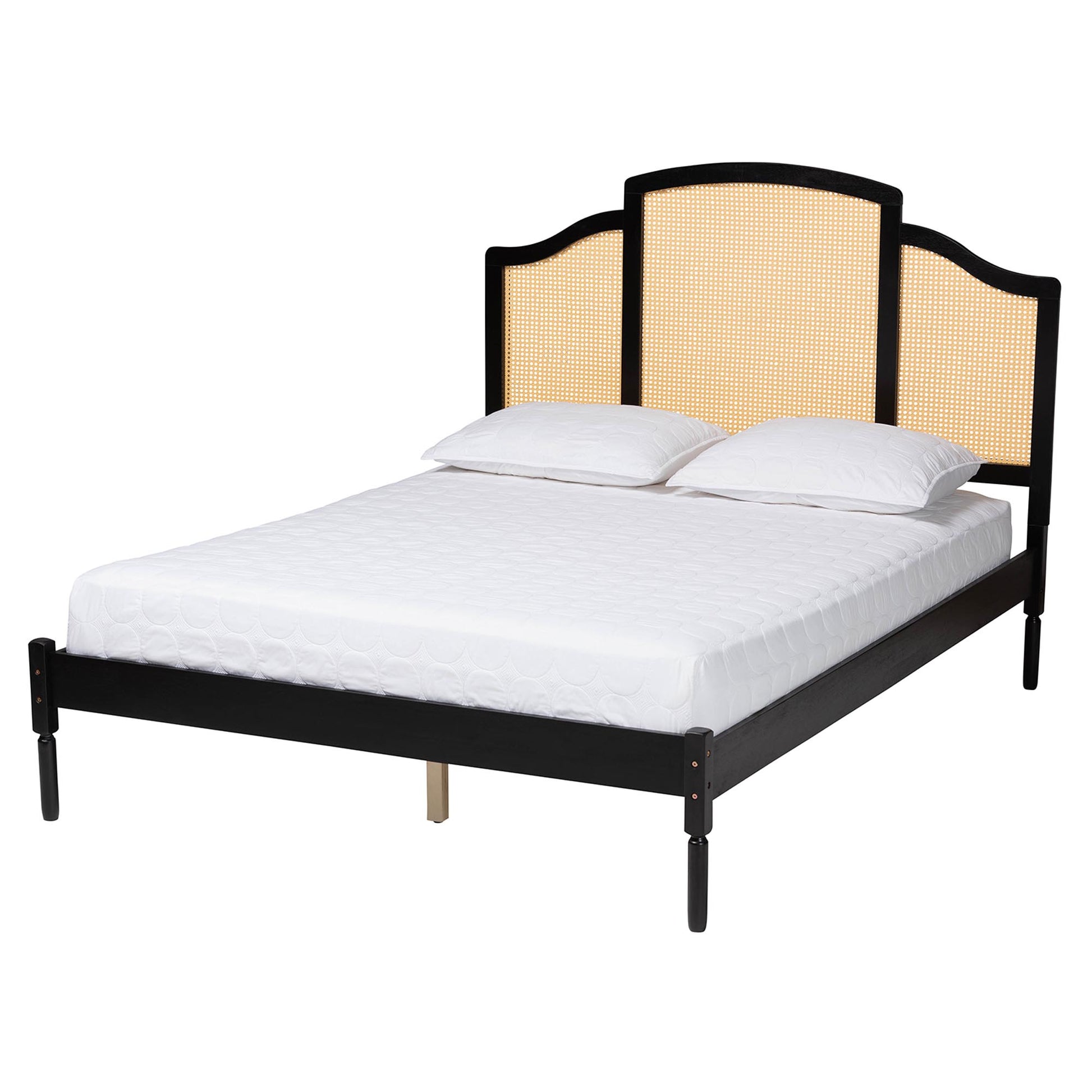 Baxton Studio Librina Classic and Traditional Black Finished Wood Queen Size Platform Bed with Woven Rattan | Beds | Modishstore - 2