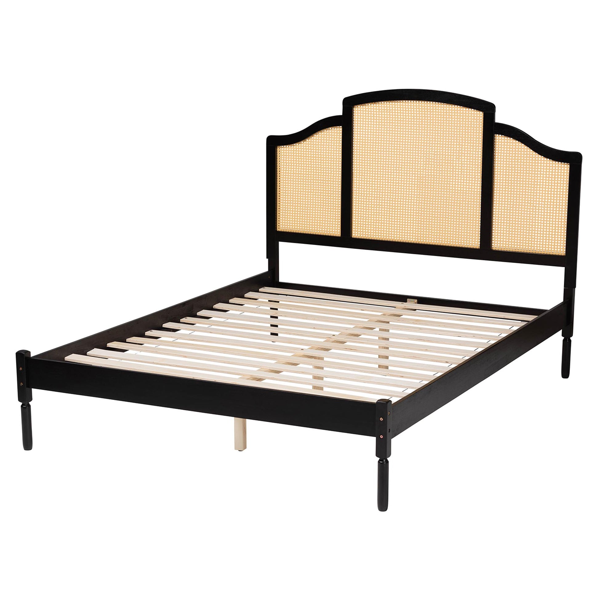 Baxton Studio Librina Classic and Traditional Black Finished Wood Queen Size Platform Bed with Woven Rattan | Beds | Modishstore - 4