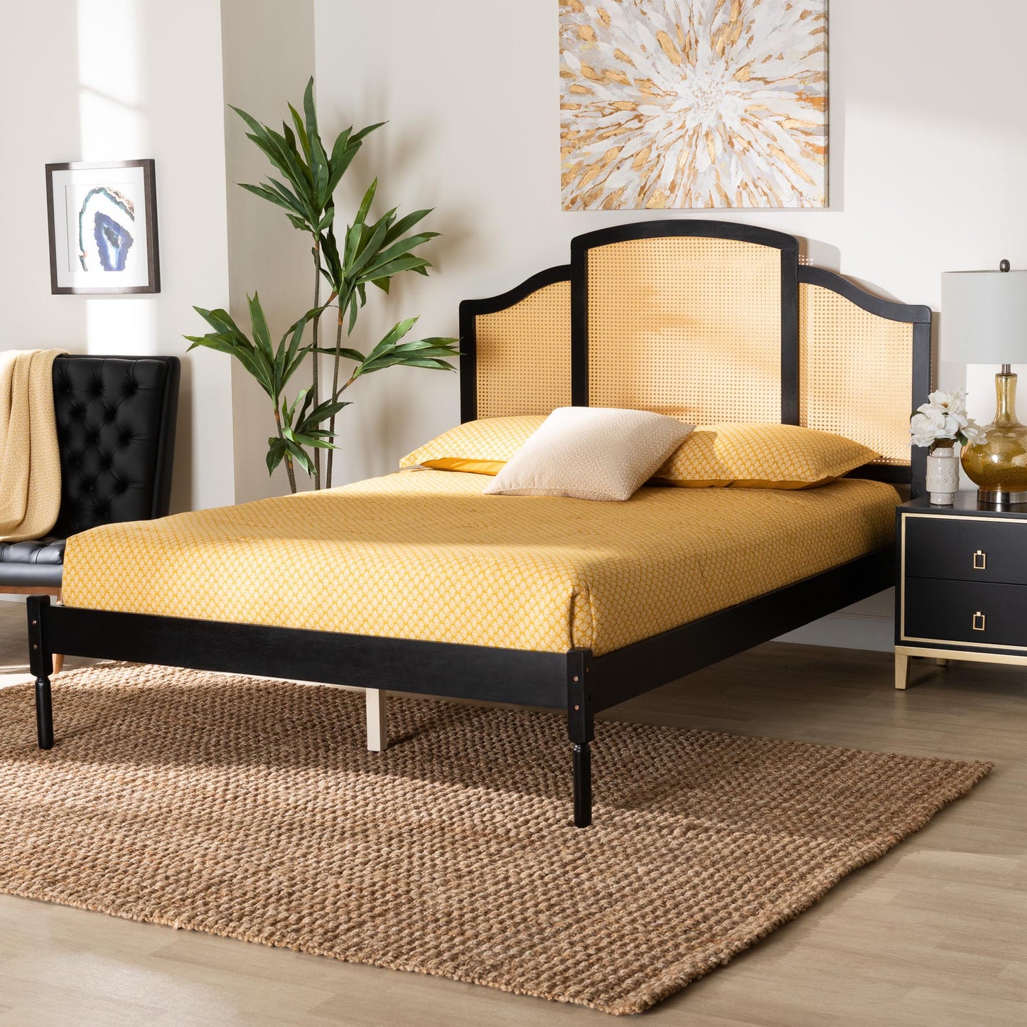 Baxton Studio Librina Classic and Traditional Black Finished Wood Queen Size Platform Bed with Woven Rattan | Beds | Modishstore