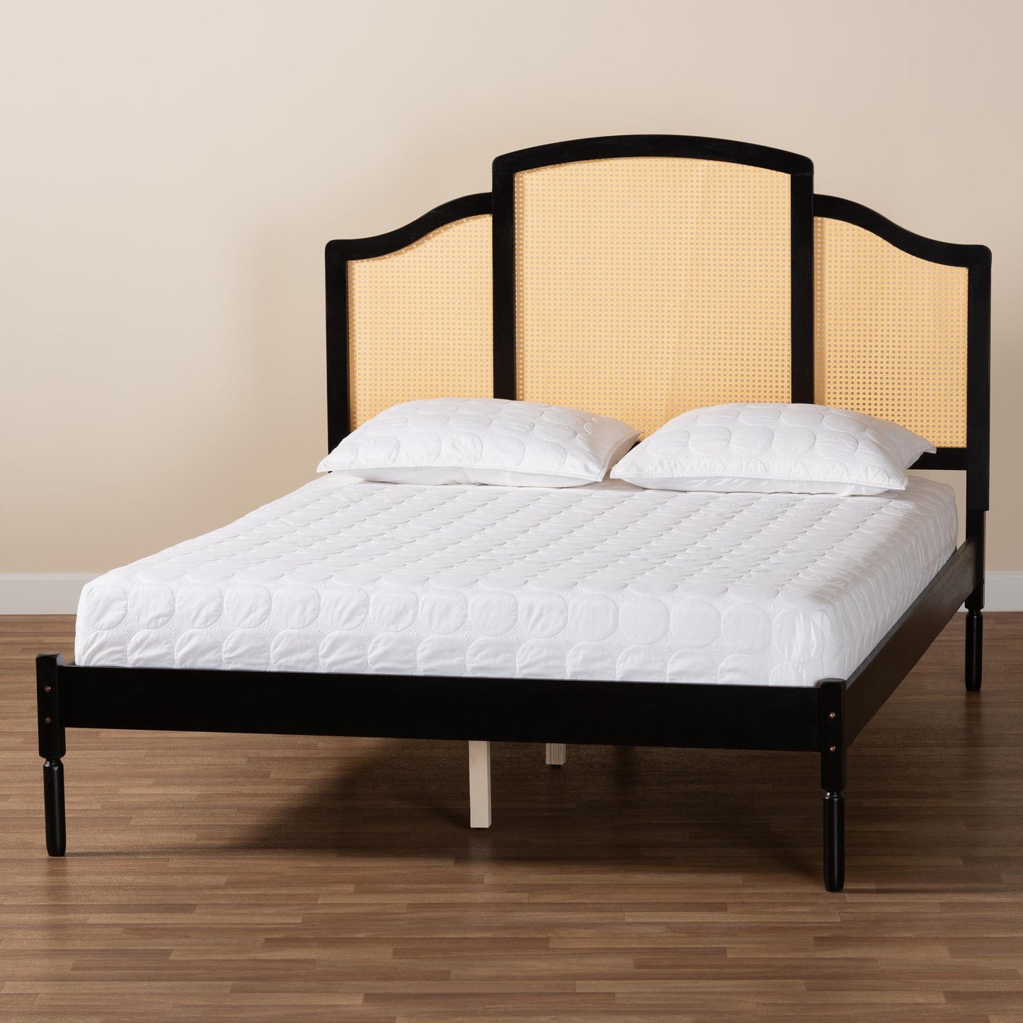 Baxton Studio Librina Classic and Traditional Black Finished Wood Queen Size Platform Bed with Woven Rattan | Beds | Modishstore - 9