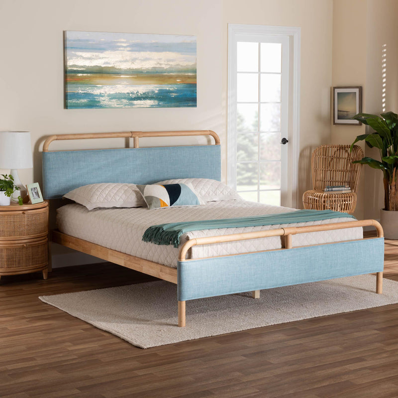 Baxton Studio Mateo Modern and Contemporary Baby Blue Fabric and Natural Wood Queen Size Platform Bed | Beds | Modishstore