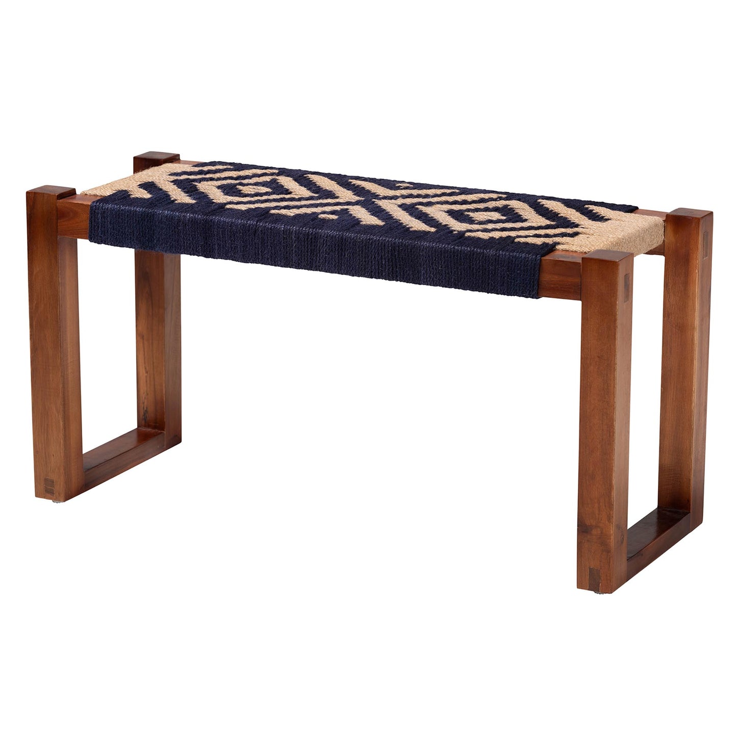 Baxton Studio bali & pari Prunella Modern Bohemian Two-Tone Navy Blue and Natural Brown Seagrass and Acacia Wood Accent Bench | Benches | Modishstore - 3