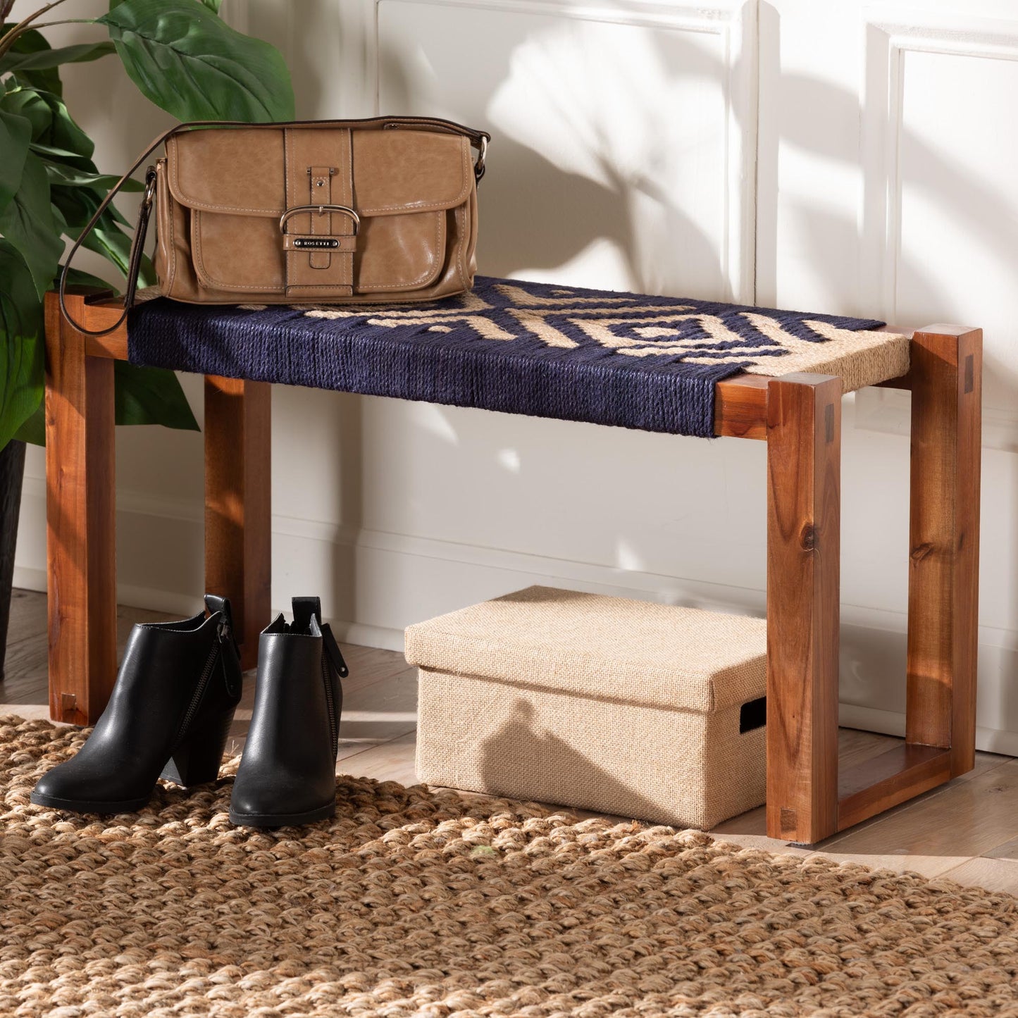 Baxton Studio bali & pari Prunella Modern Bohemian Two-Tone Navy Blue and Natural Brown Seagrass and Acacia Wood Accent Bench | Benches | Modishstore