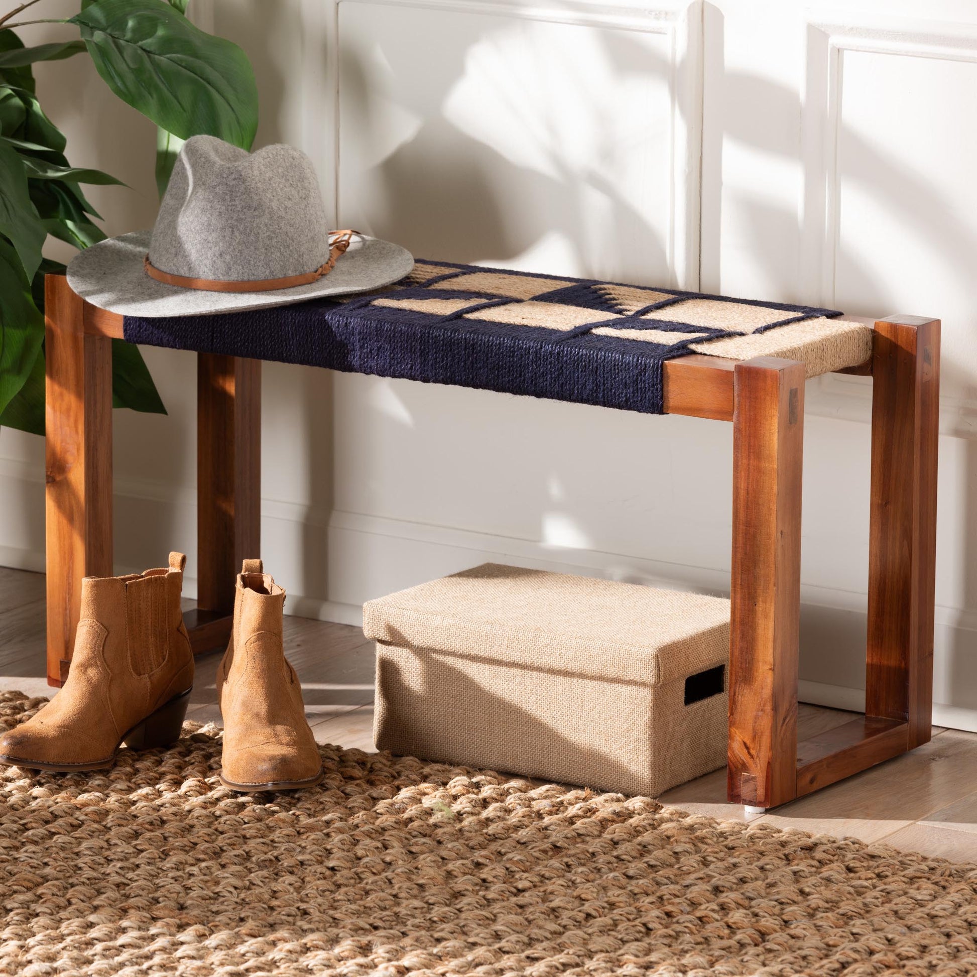 Baxton Studio bali & pari Jerilyn Modern Bohemian Two-Tone Navy Blue and Natura Brown Seagrass and Acacia Wood Accent Bench | Benches | Modishstore