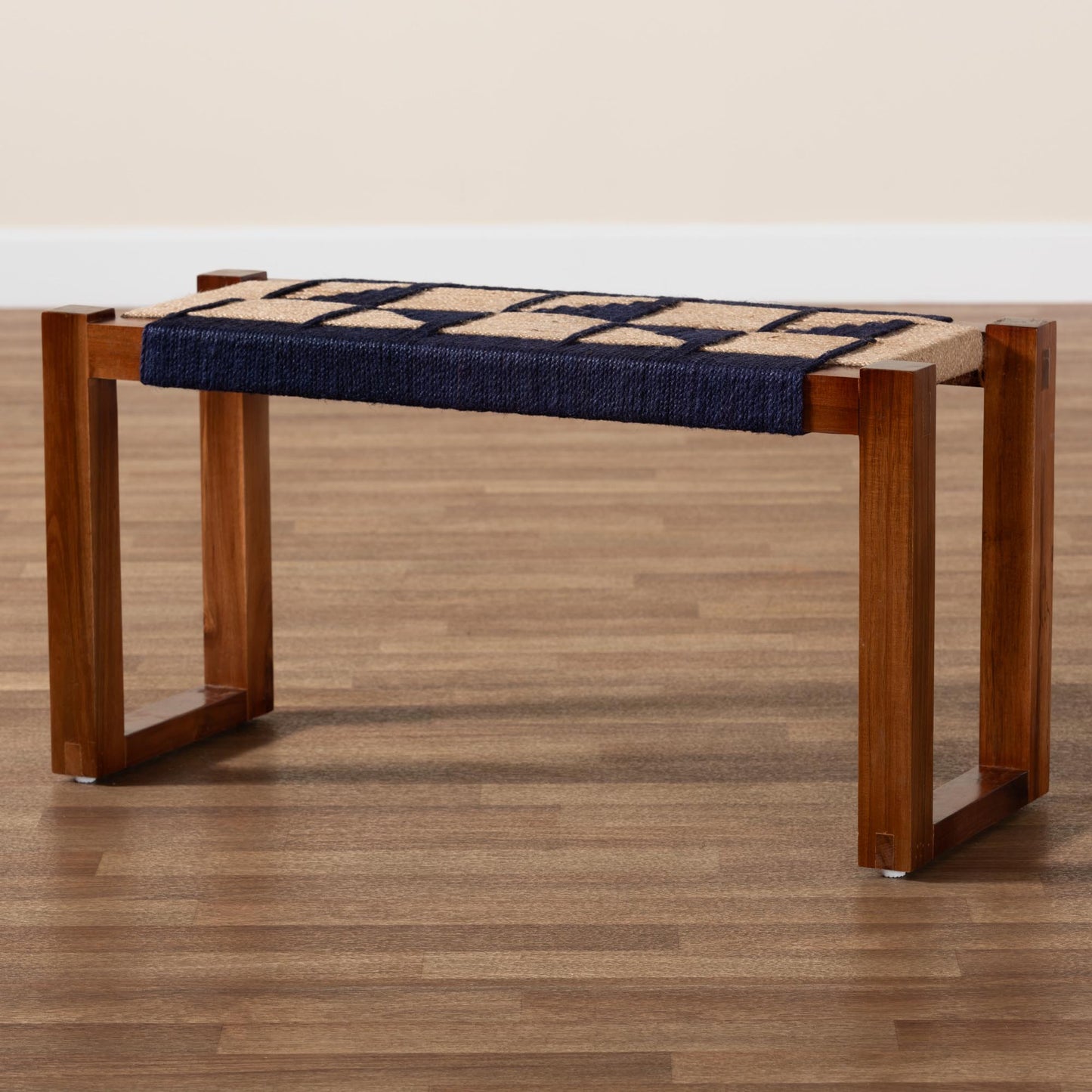 Baxton Studio bali & pari Jerilyn Modern Bohemian Two-Tone Navy Blue and Natura Brown Seagrass and Acacia Wood Accent Bench | Benches | Modishstore - 7