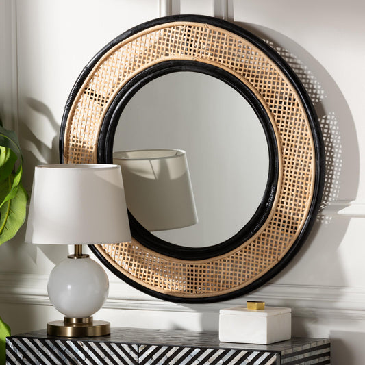 Baxton Studio bali & pari Tacita Modern Bohemian Two-Tone Black and Natural Brown Rattan Accent Wall Mirror | Mirrors | Modishstore