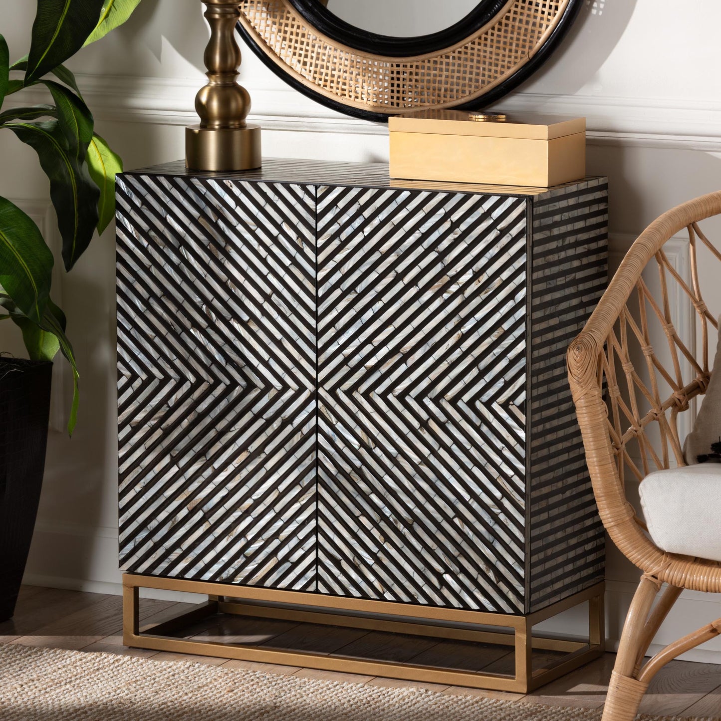 Baxton Studio Belenus Modern Bohemian Two-Tone Black and Grey Mother of Pearl and Gold Metal Storage Cabinet | Cabinets | Modishstore