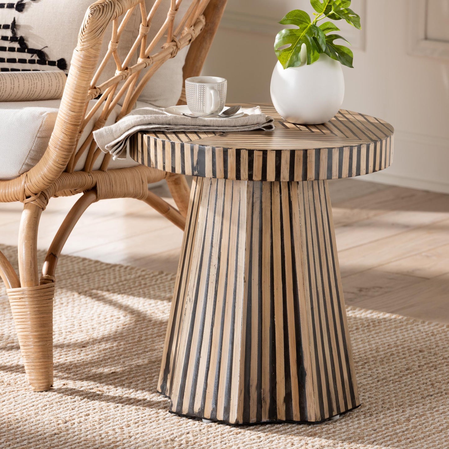 Baxton Studio Devika Modern Bohemian Two-Tone Natural and Dark Brown Bamboo End Table | End Tables | Modishstore