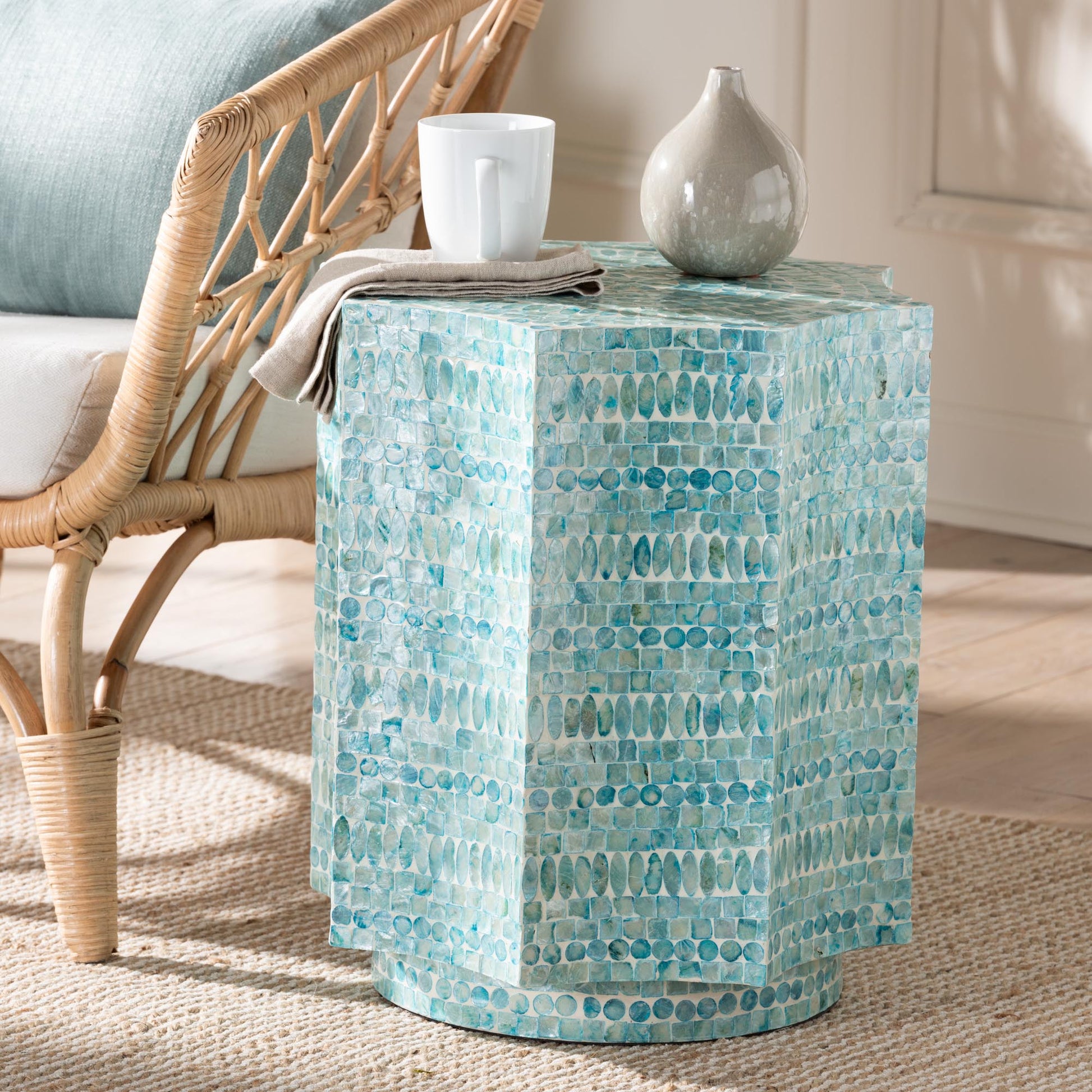 Baxton Studio Olesia Modern Bohemian Blue Mother of Pearl End Table | End Tables | Modishstore