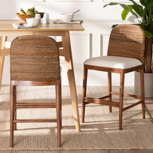 Baxton Studio bali & pari Nadim Modern Bohemian Natural Seagrass and Acacia Wood 2-Piece Counter Stool Set | Counter Stools | Modishstore